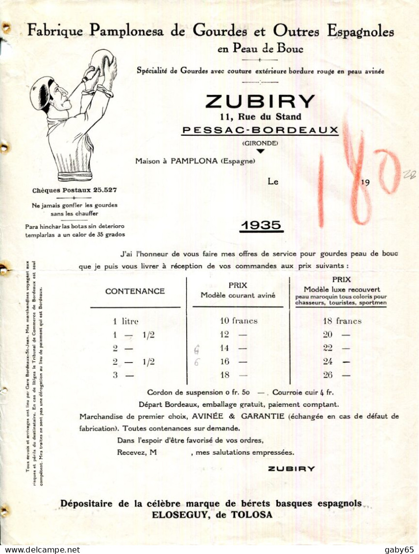 FACTURE.PAMPLONA (ESPAGNE)PESSAC.BORDEAUX.FABRIQUE DE GOURDES & OUTRES EN PEAU DE BOUC.ZUBIRY 11 RUE DU STAND.TARIF 1935 - Sonstige & Ohne Zuordnung