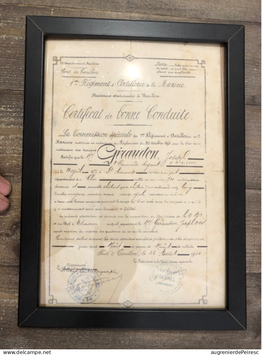 Certificat De Bonne Conduite Du Canonnier Joseph Giraudon Du 1re Régiment D’artillerie De Marine 1900 Saint Amand (Cher) - Documents