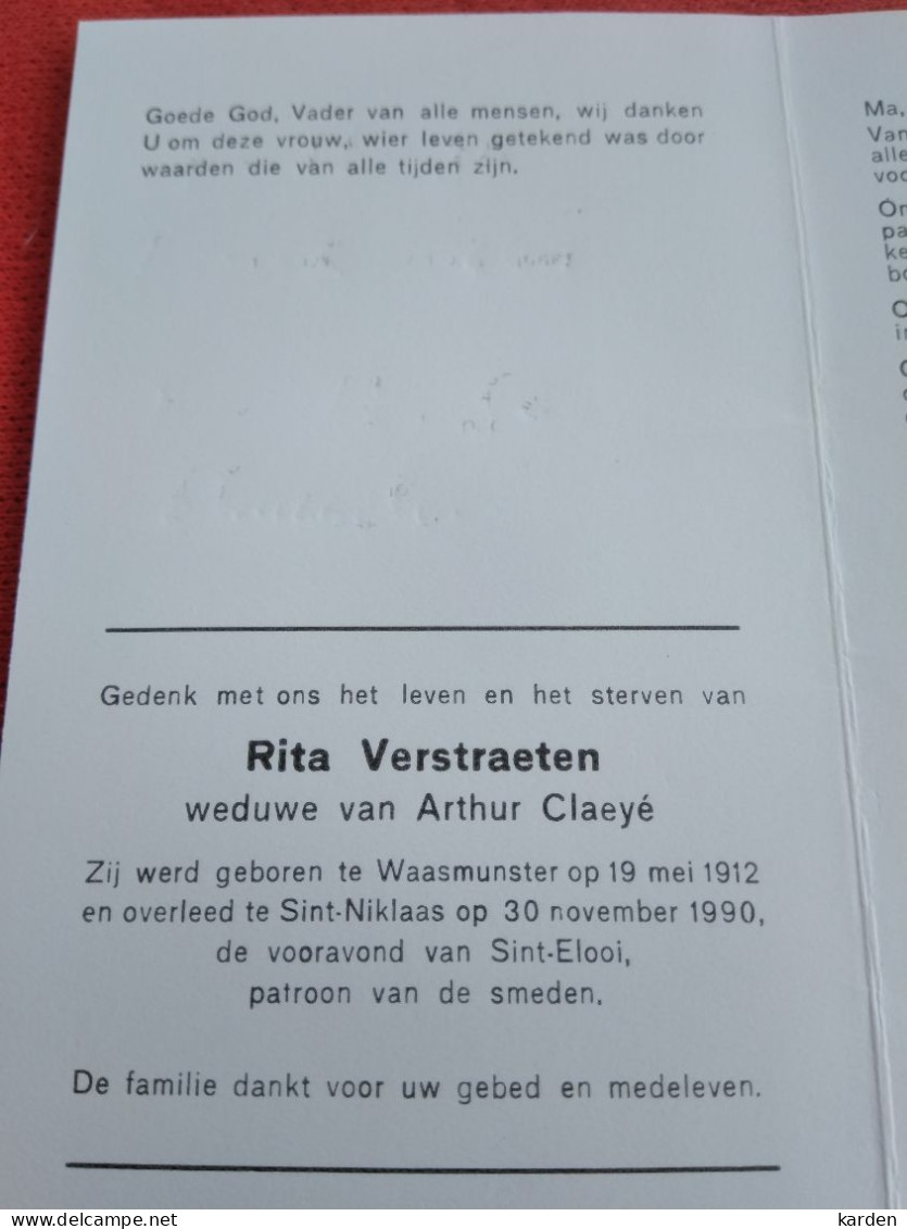 Doodsprentje Rita Verstraeten / Waasmunster 19/5/1912 Sint Niklaas 30/11/1990 ( Arthur Claeyé ) - Religione & Esoterismo