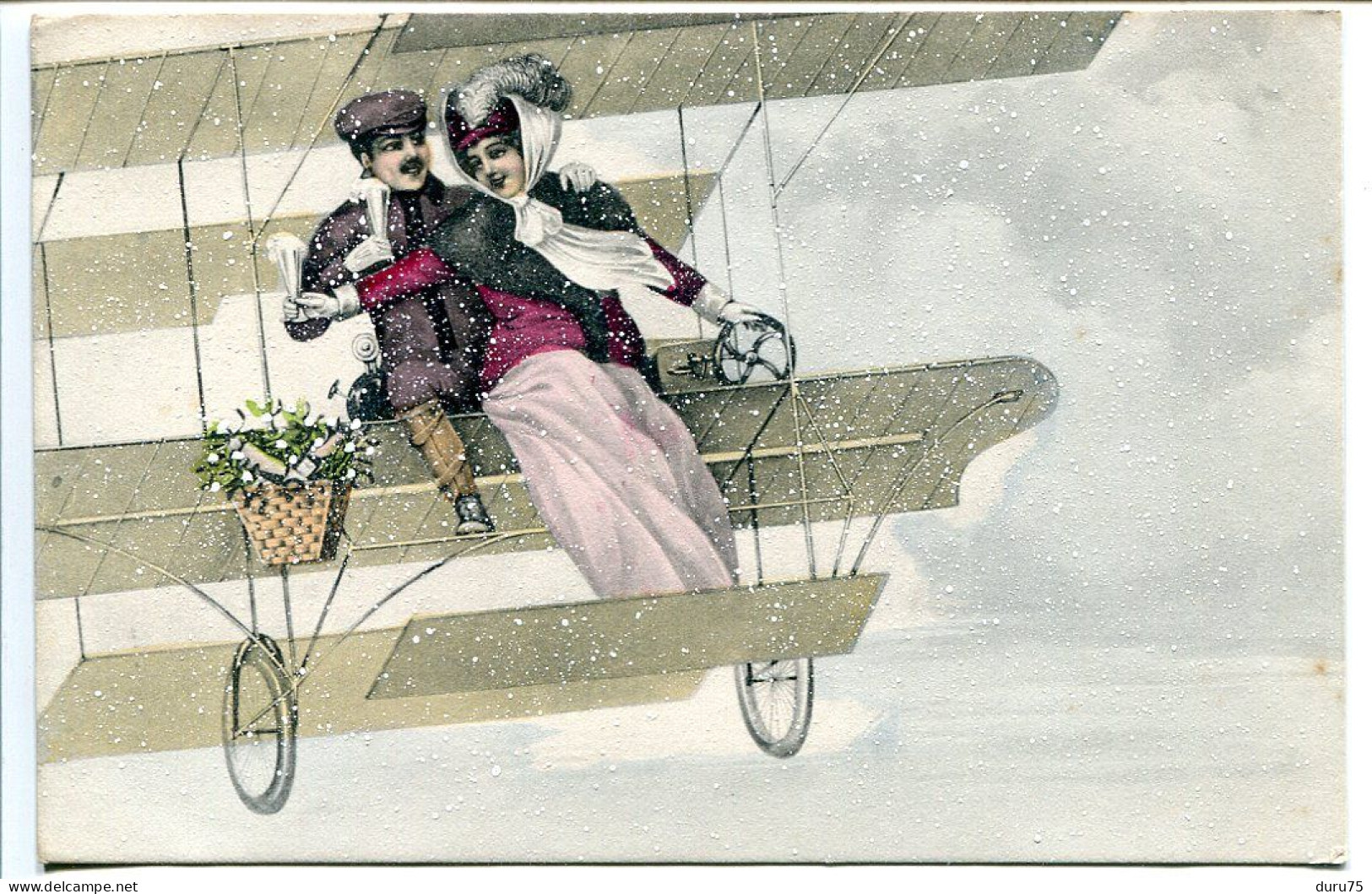 CPA Viennoise V.K. Vienne Voyagé 1911 * Couple Dans Avion Coupe Champagne Panier Gui * La Neige Qui Tombe Est En Relief - Vienne