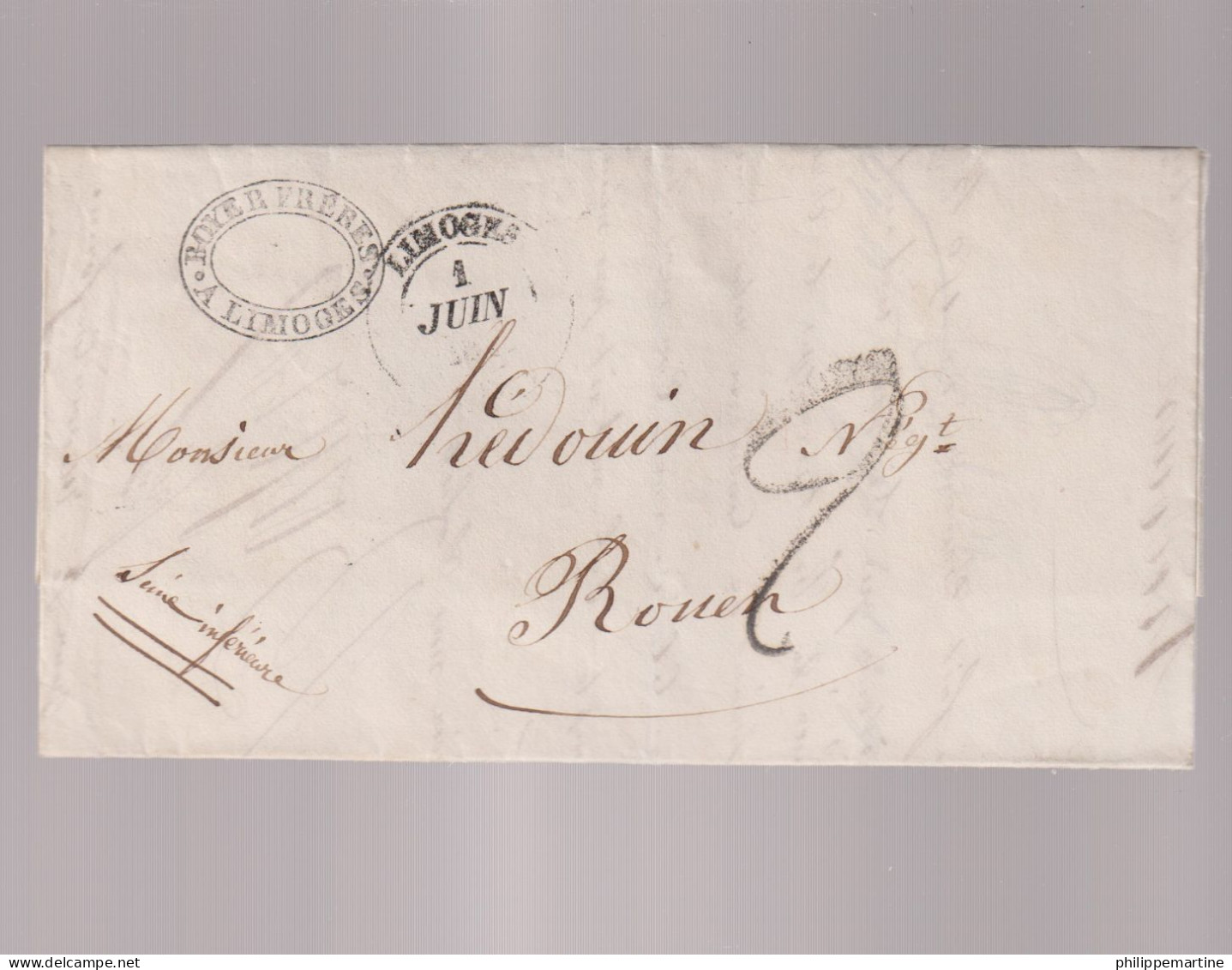 Lettre De Limoges à Rouen Du 1 Juin 1849 - 1801-1848: Precursores XIX