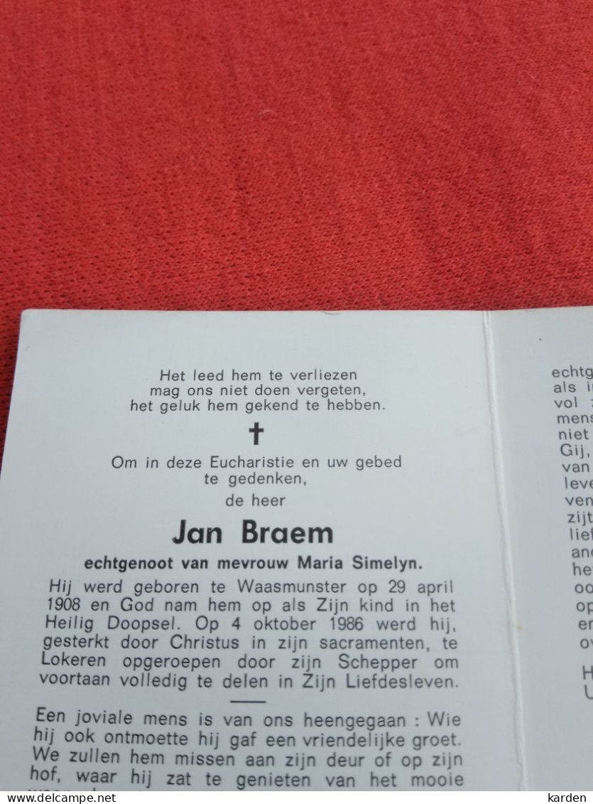 Doodsprentje Jan Braem / Waasmunster 29/4/1908 Lokeren 4/10/1986 ( Maria Simelyn ) - Religione & Esoterismo