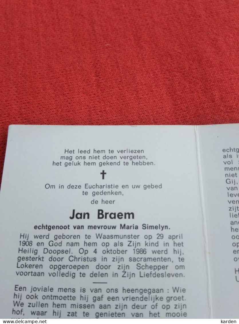 Doodsprentje Jan Braem / Waasmunster 29/4/1908 Lokeren 4/10/1986 ( Maria Simelyn ) - Religión & Esoterismo