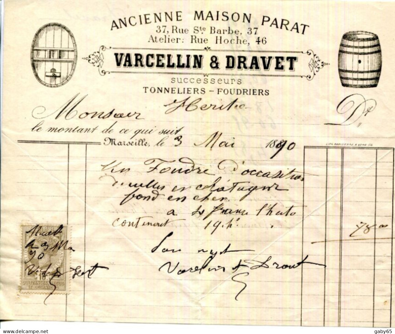 FACTURE.MARSEILLE.VARCELLIN & DRAVET TONNELIERS-FOUDRIERS 37 RUE SAINTE BARBE & 46 RUE HOCHE. - Petits Métiers