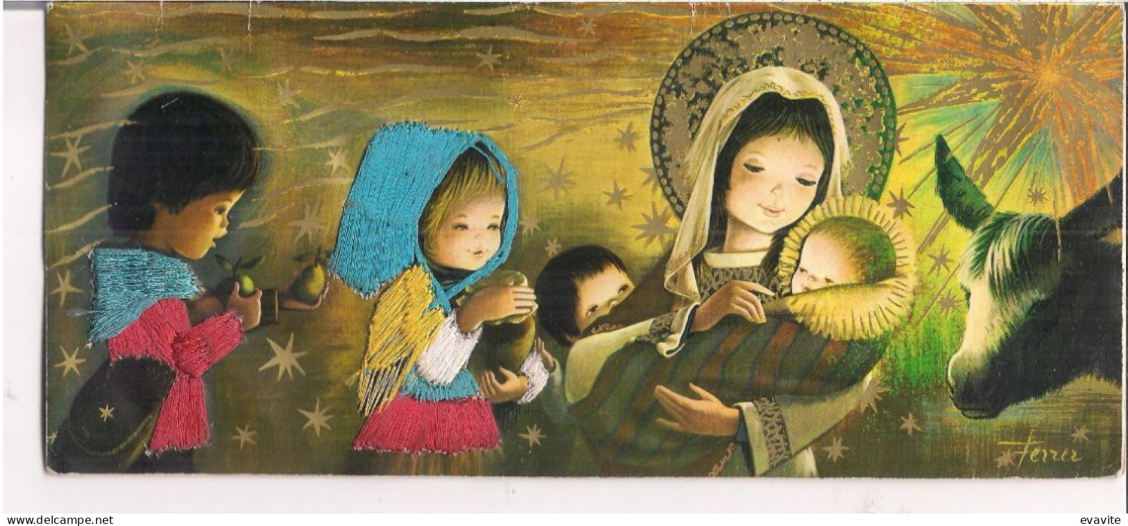 Carte Postale Double Brodée  Illustrée  -  Crèche, Enfants, Ane - Brodées