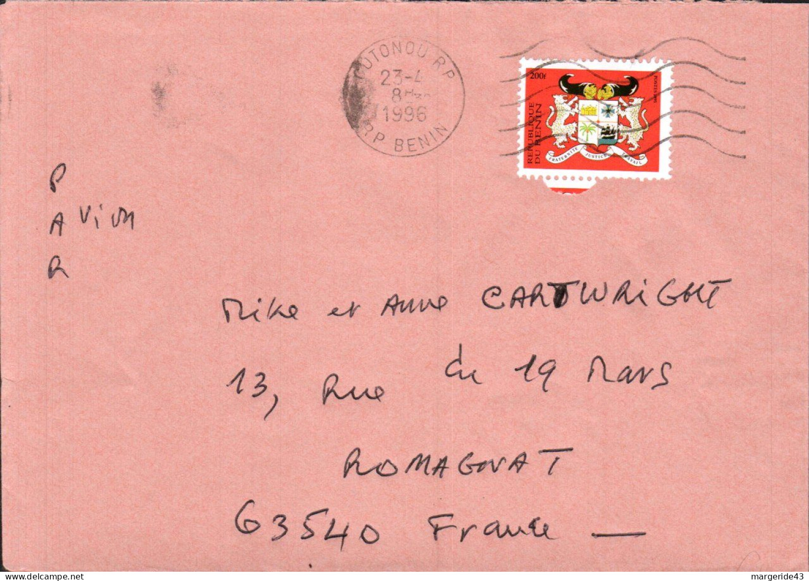 BENIN  SEUL SUR LETTRE DE COTONOU POUR LA FRANCE 1996 - Benin - Dahomey (1960-...)