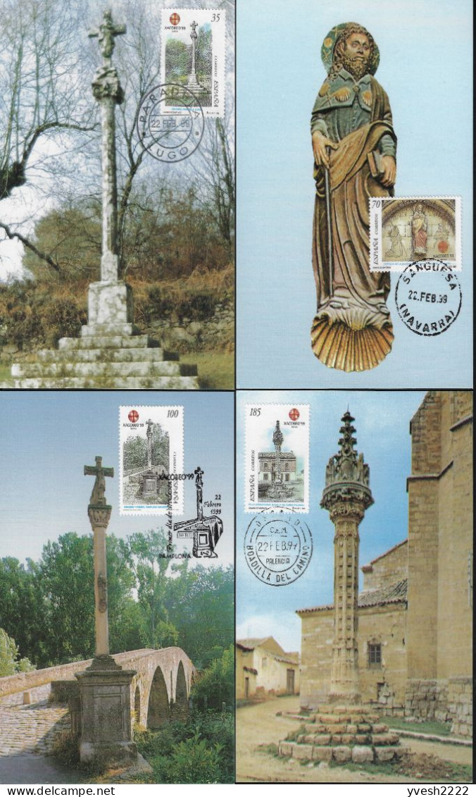 Espagne 1999 Y&T 3187 à 3190 Sur Cartes Maxima. Année Sainte, St Jacques De Compostelle. Croix, église St Jacques - Churches & Cathedrals