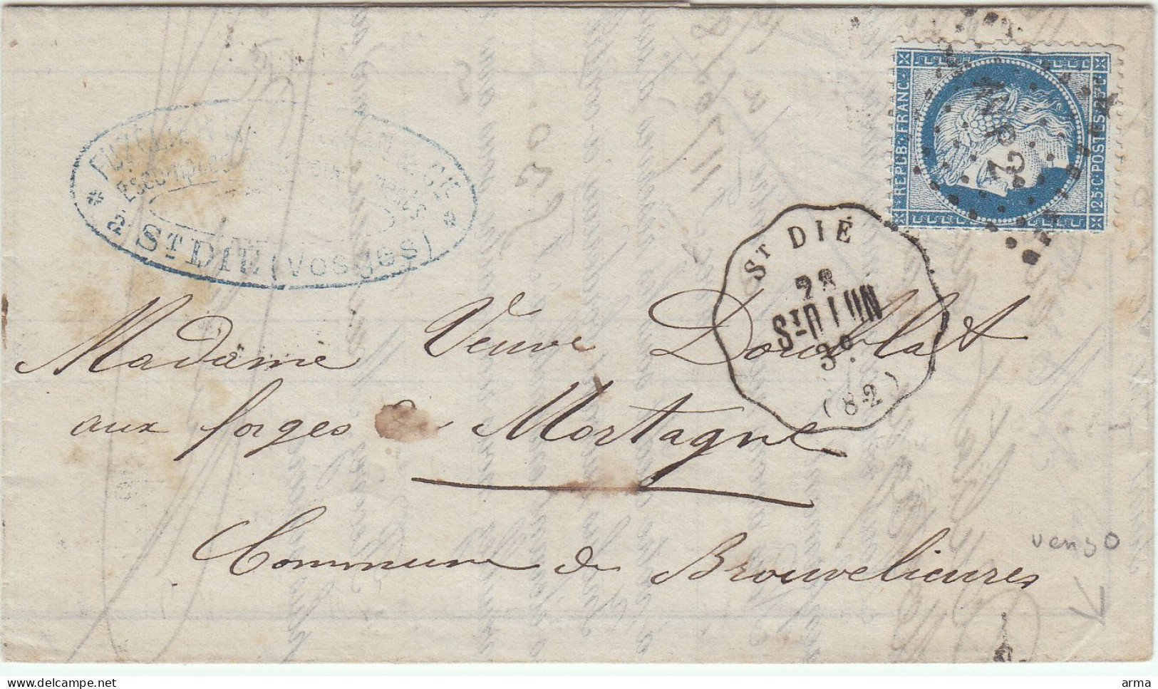 Convoyeur Stations St Dié   25c Cérès Sur Enveloppe Avec Correspondance - 1871-1875 Cérès