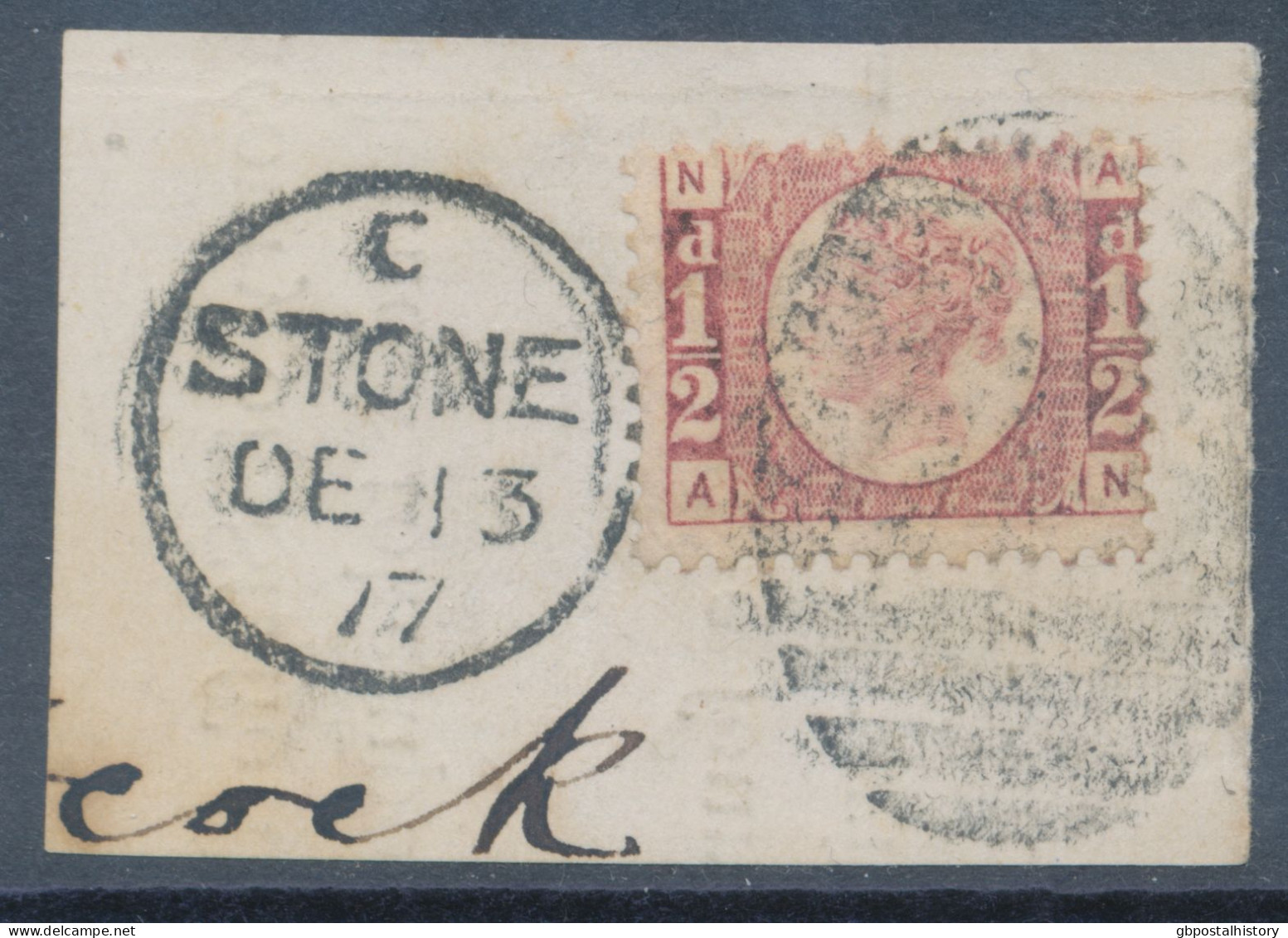 GB QV ½d Plate 11 (AN) Superb Used On Piece With Duplex „STONE / 745“, Staffordshire (4VOD, Time Code C), 13.12.1877 = A - Gebruikt