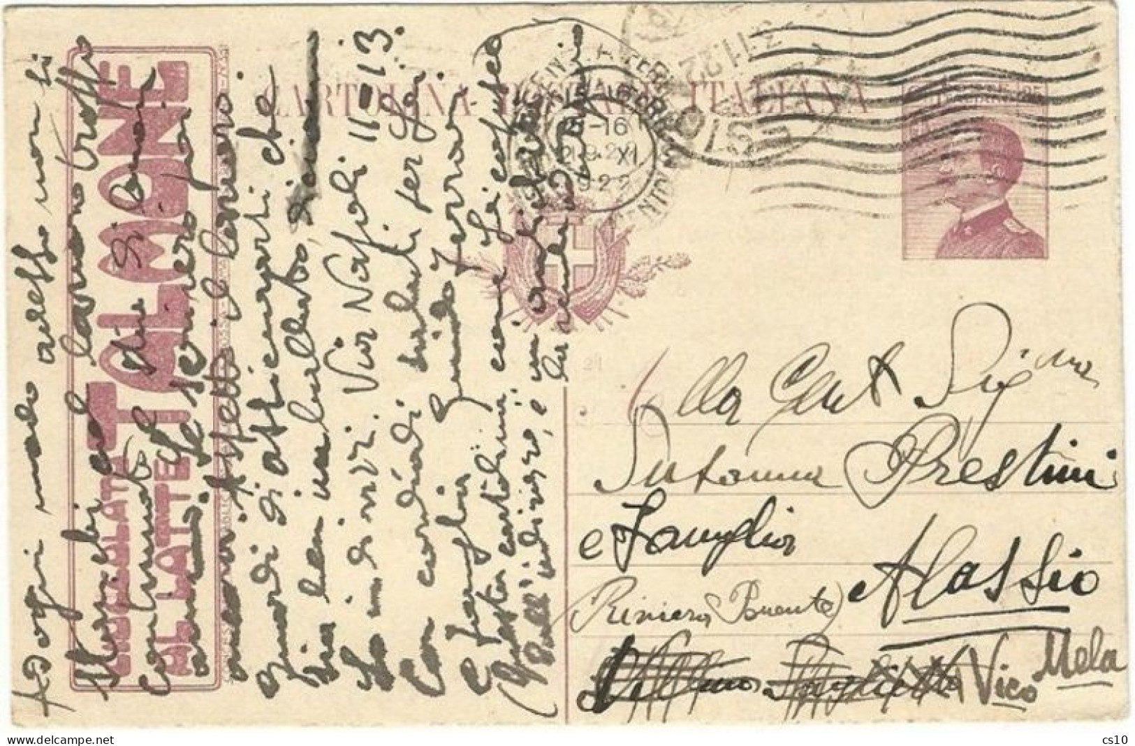 CP Michetti C25 Pubblicitaria Filagrano R4A/50 Cioccolato Talmone Genova 31ott1922 X Alassio - Entero Postal