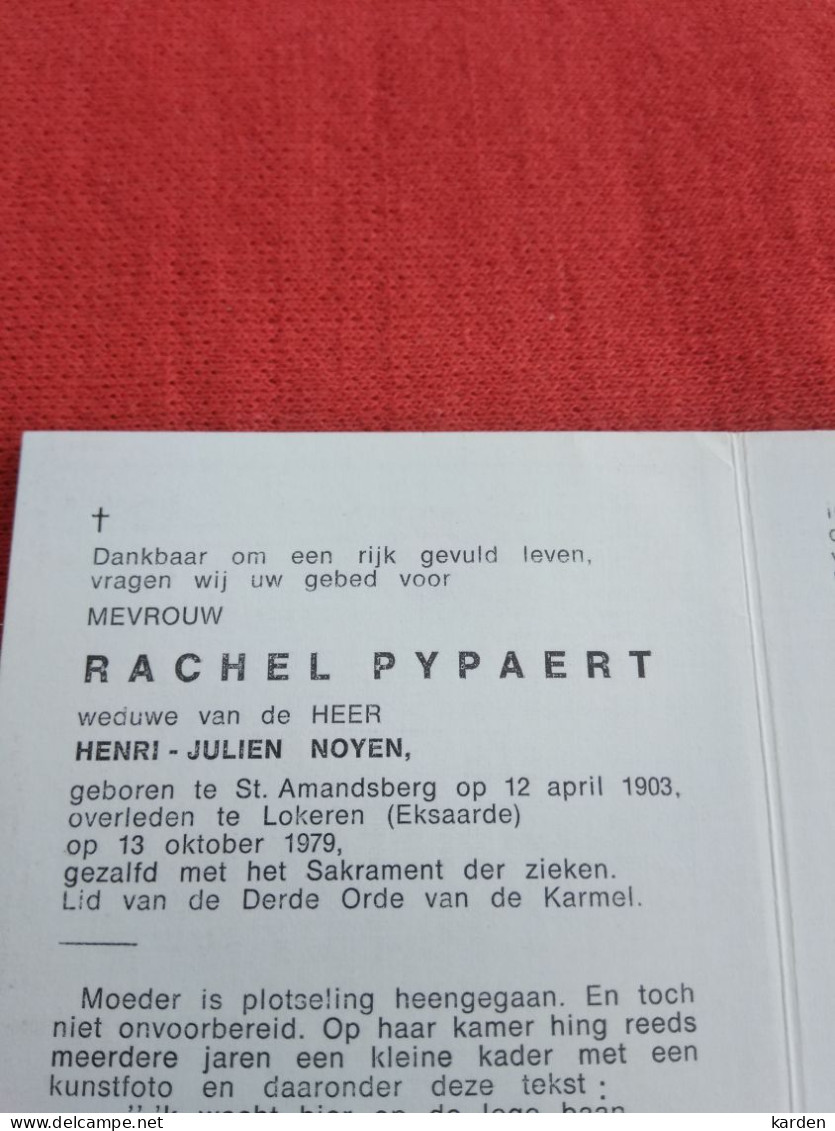 Doodsprentje Rachel Pypaert / Sint Amandsberg 12/4/1903 Lokeren Eksaarde 13/10/1979 ( Henri Julien Noyen ) - Religion & Esotérisme