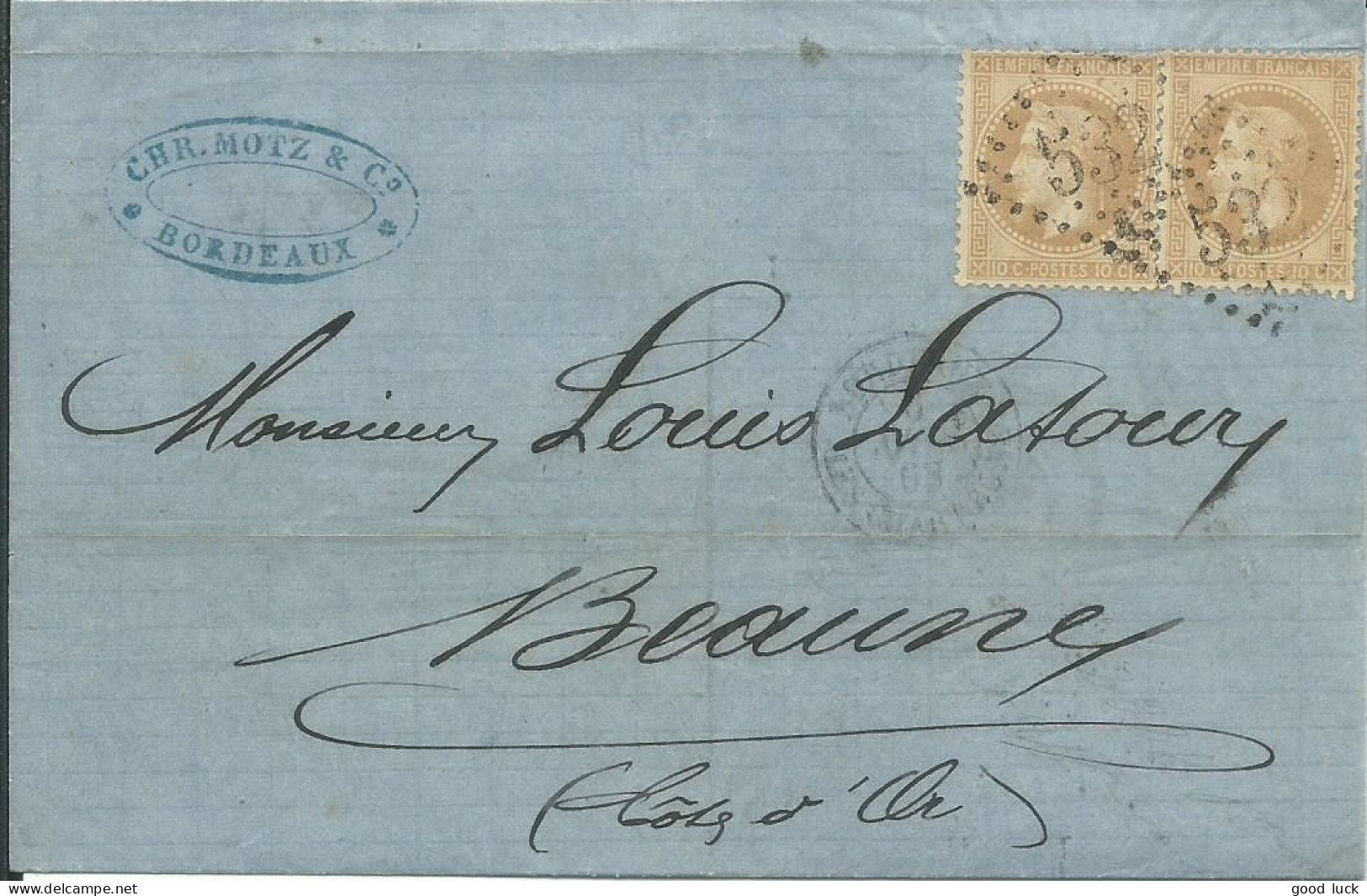 FRANCE LETTRE 20 C GC 532 BORDEAUX ( GIRONDE )  POUR BEAUNE ( COTE D' OR ) DE 1868  LETTRE COVER - 1849-1876: Periodo Clásico