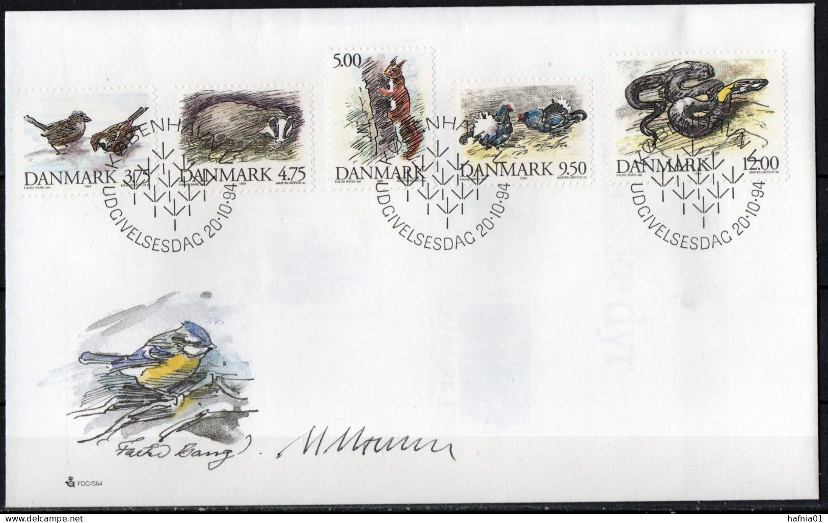 Martin Mörck. Denmark 1994. Native Animals. Michel 1086 - 1090 FDC. Signed. - FDC