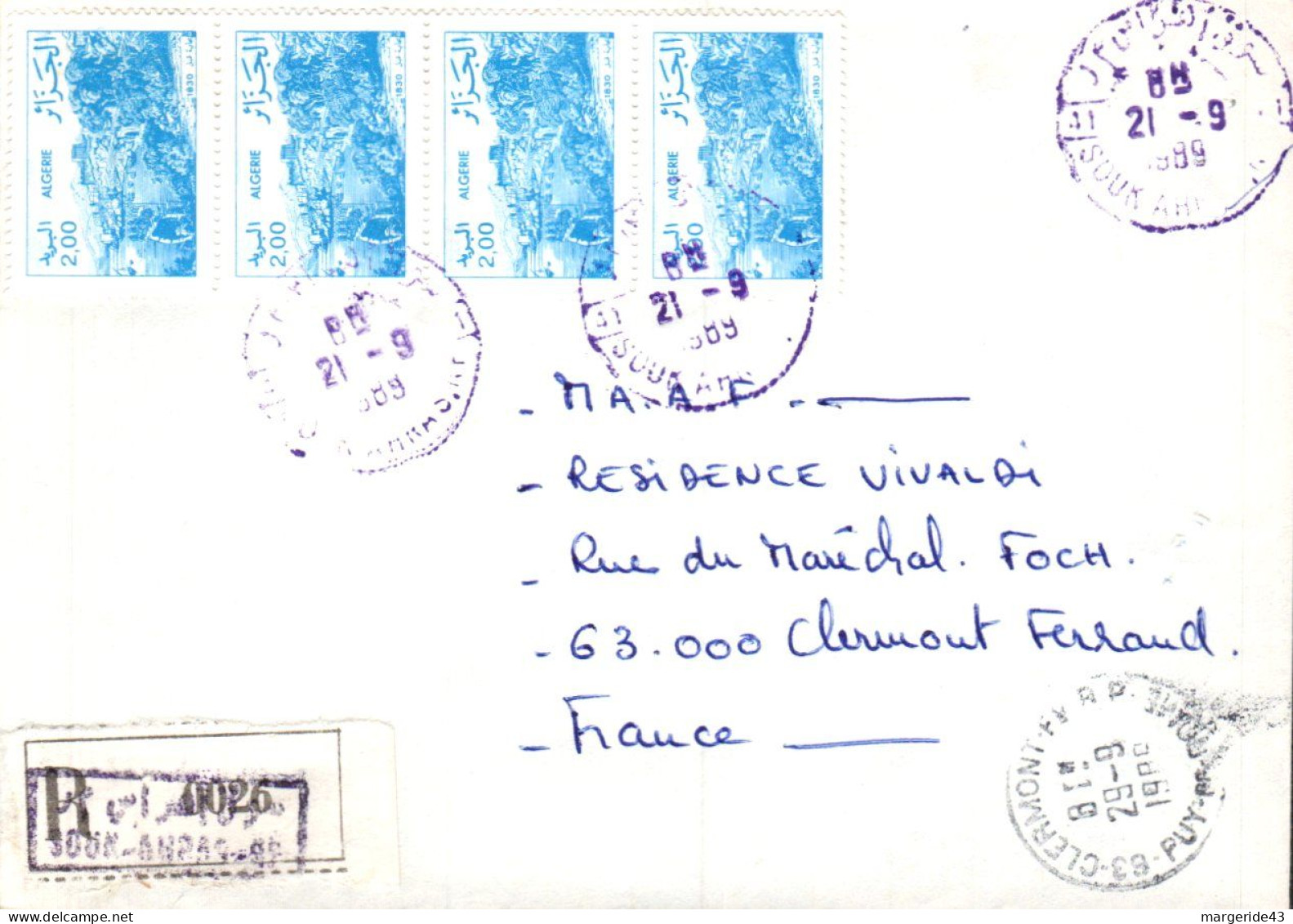 ALGERIE AFFRANCHISSEMENT COMPOSE SUR LETTRE RECOMMANDEE DE SOUK ARHRAS POUR LA FRANCE 1989 - Algeria (1962-...)