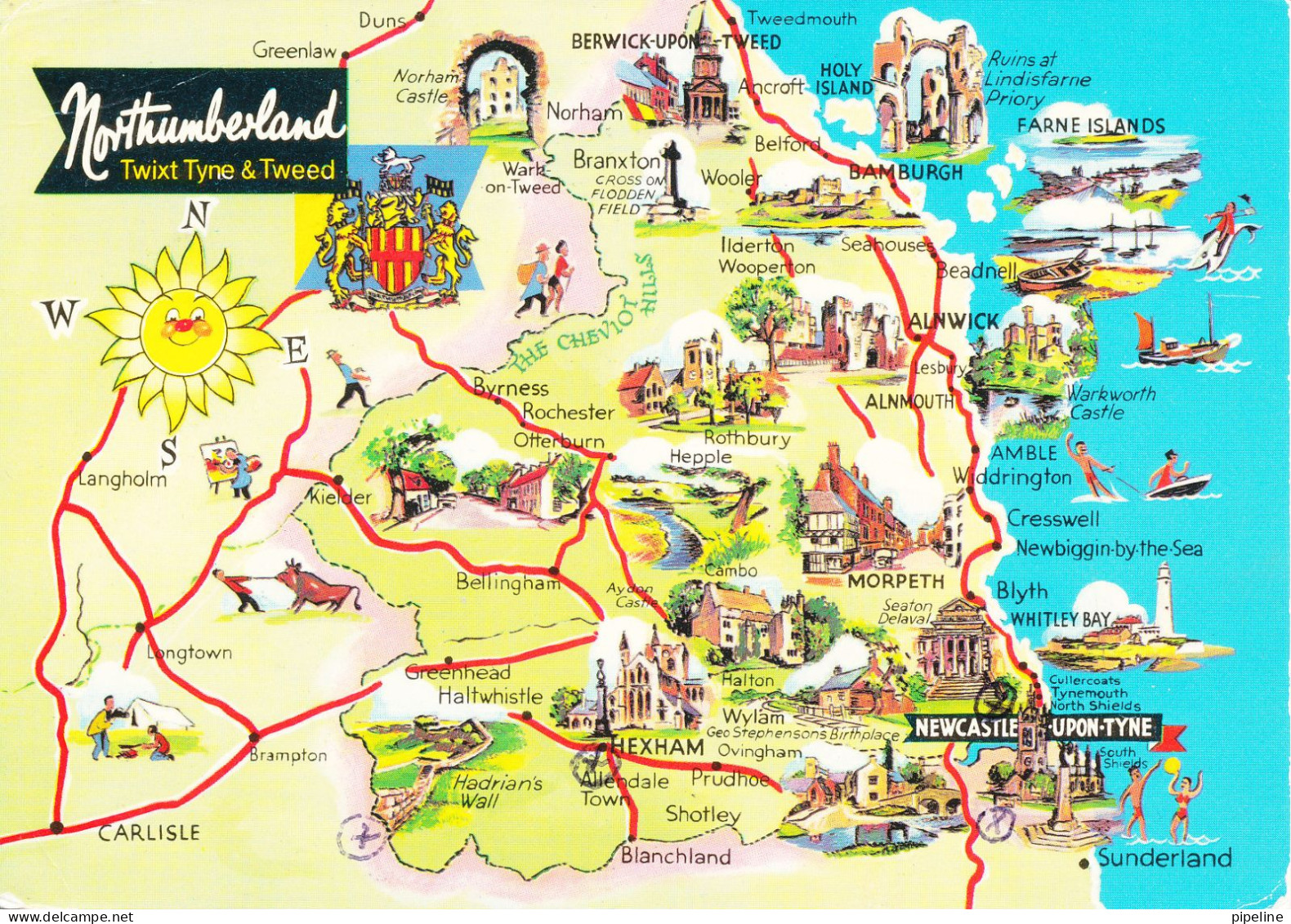 United Kingdom Postcard Sent To Denmark York 27-8-1983 Northumberland MAP - Newcastle-upon-Tyne