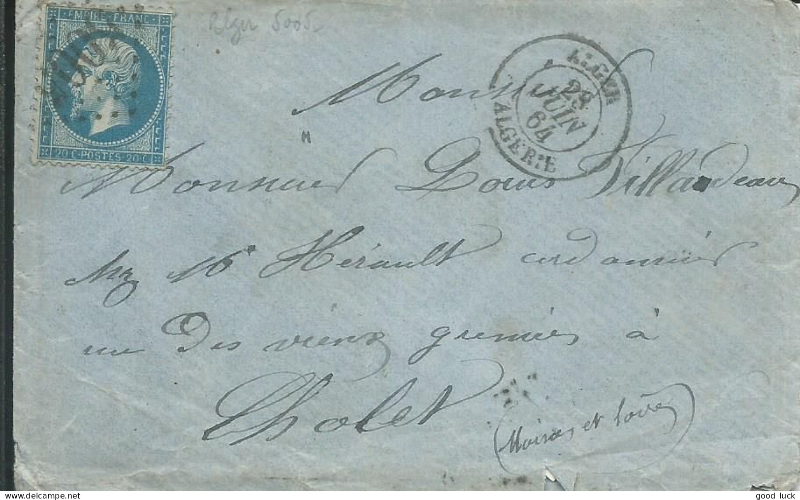 FRANCE LETTRE 20 C GC 5005 ALGER / ALGERIE POUR CHOLET ( MAINE ET LOIRE ) DE 1864  LETTRE COVER - 1849-1876: Periodo Clásico