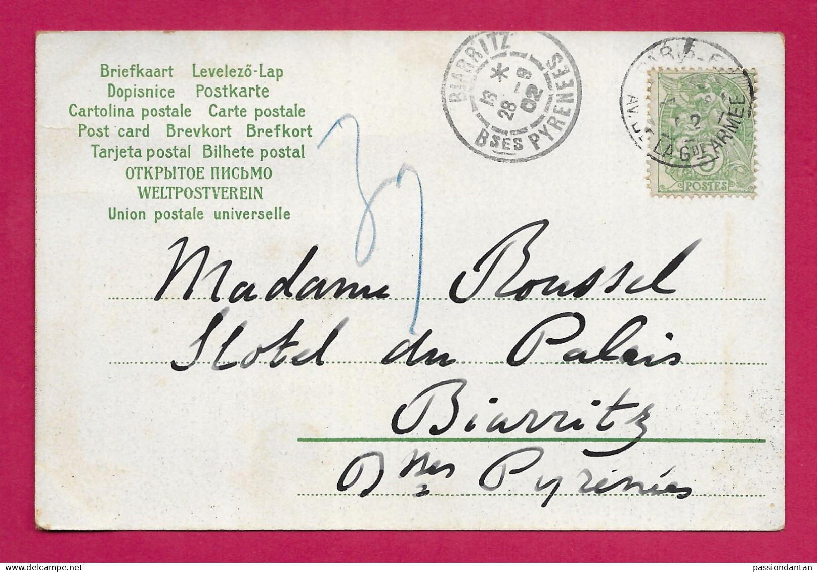 Écrit Sur Carte Postale Fantaisie Daté Du 28 Septembre 1902 - Document Expédié De Paris à Destination De Biarritz - 1898-1900 Sage (Type III)