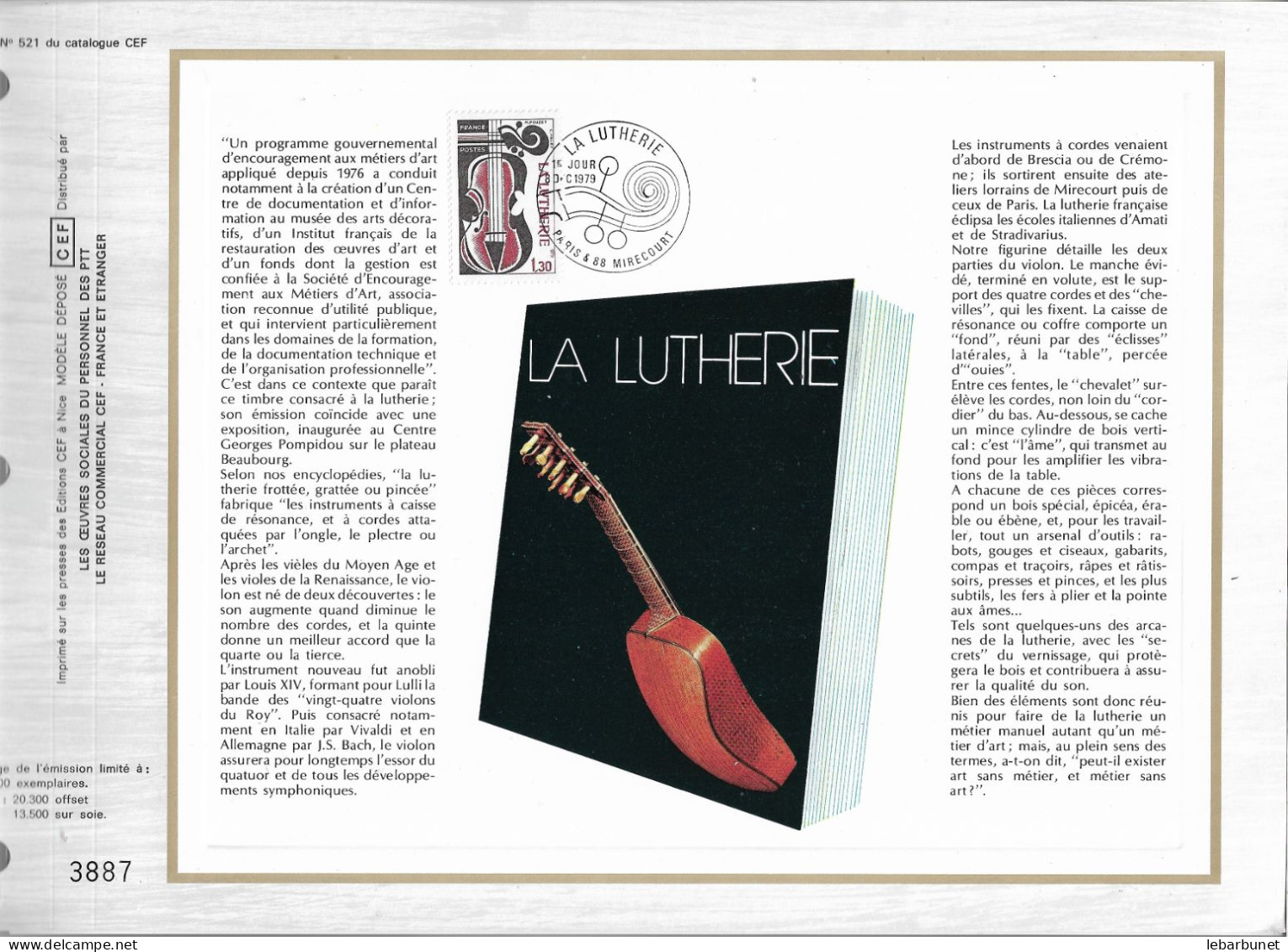 Feuillet N° 521 Du Catalogue CEF Lutherie 1 Timbre à 1,30  Paris Et Mirecourt 8 .12.1979 - 1970-1979