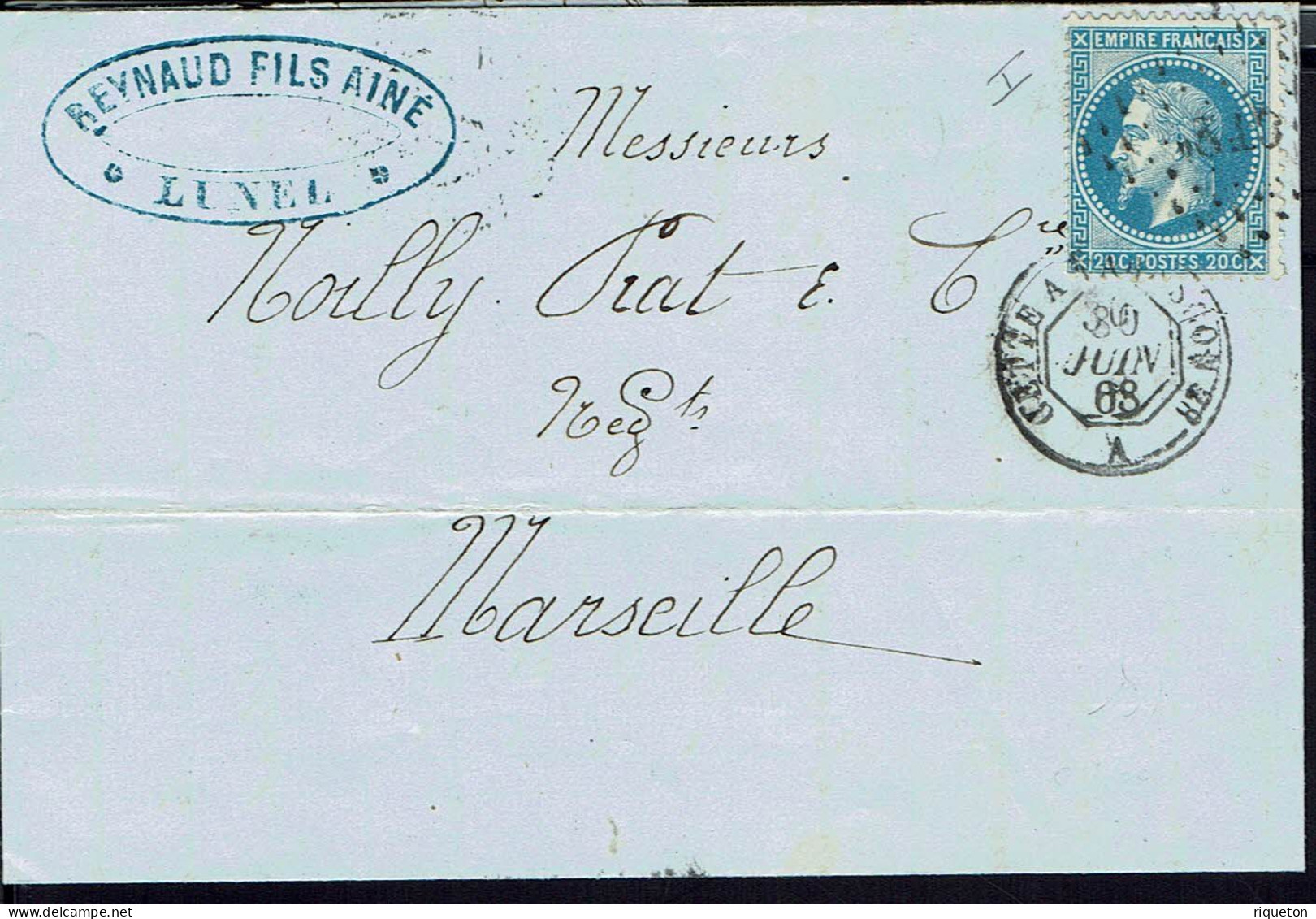 Vins & Spiritueux Reynaud Fils à Lunel. Napoléon 20 C. Sur Lettre 30 Juin 1868 Pour Marseille. Cachet Losange CT2. B/TB. - 1849-1876: Periodo Clásico