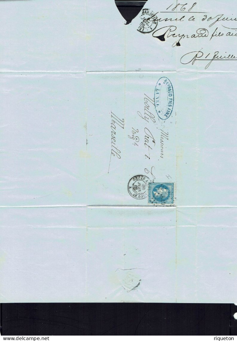 Vins & Spiritueux Reynaud Fils à Lunel. Napoléon 20 C. Sur Lettre 30 Juin 1868 Pour Marseille. Cachet Losange CT2. B/TB. - 1849-1876: Période Classique