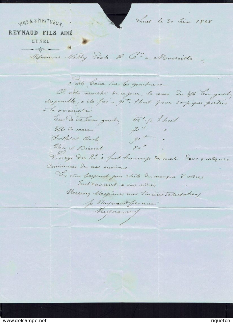Vins & Spiritueux Reynaud Fils à Lunel. Napoléon 20 C. Sur Lettre 30 Juin 1868 Pour Marseille. Cachet Losange CT2. B/TB. - 1849-1876: Période Classique