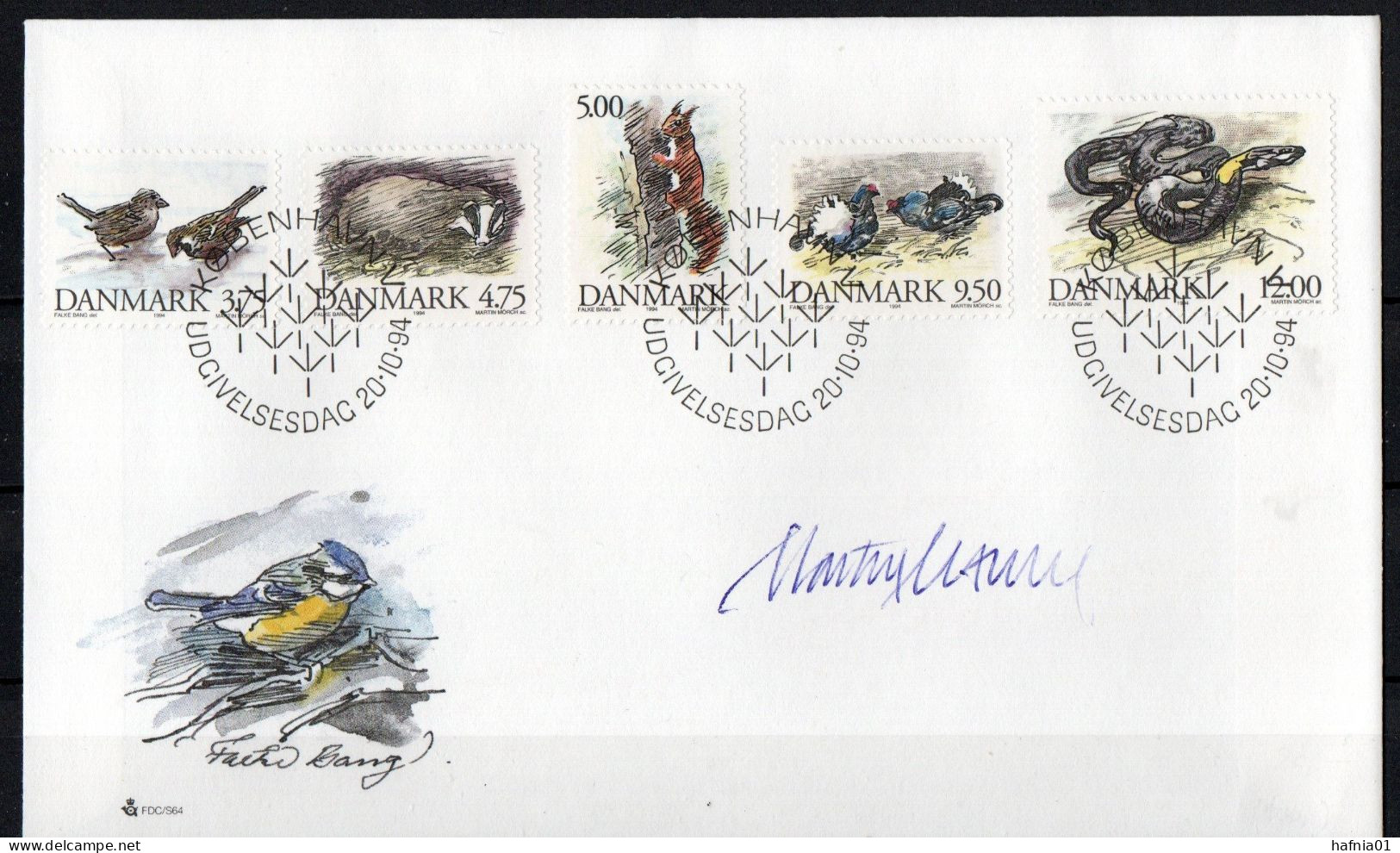 Martin Mörck. Denmark 1994. Native Animals. Michel 1086 - 1090 FDC. Signed. - FDC