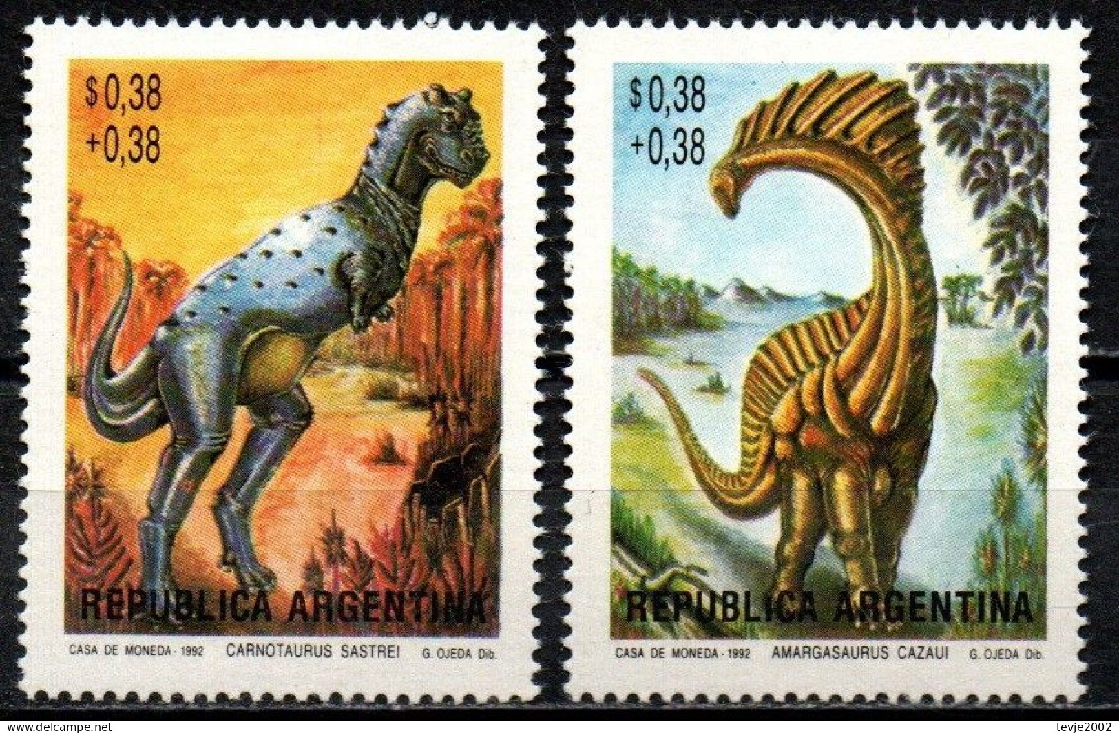 Argentinien 1992 - Mi.Nr. 2127 - 2128 - Postfrisch MNH - Tiere Animals Dinosaurier Dinosaurs - Prehistóricos