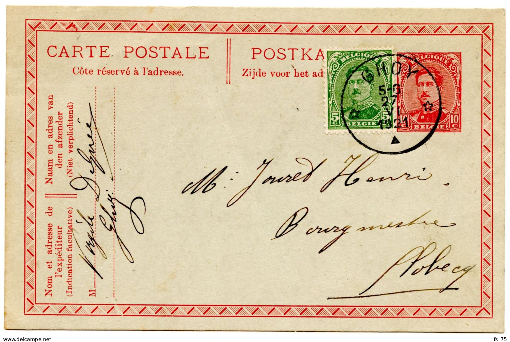 BELGIQUE - COB 137 SIMPLE CERCLE RELAIS A ETOILES GHOY SUR ENTIER CARTE POSTALE 10C ALBERT 1ER, 1921 - Sternenstempel