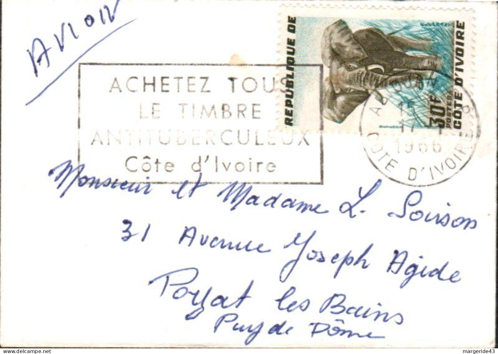 COTE D'IVOIRE SEUL SUR MIGNONETTE POUR LA FRANCE 1966 - Ivory Coast (1960-...)