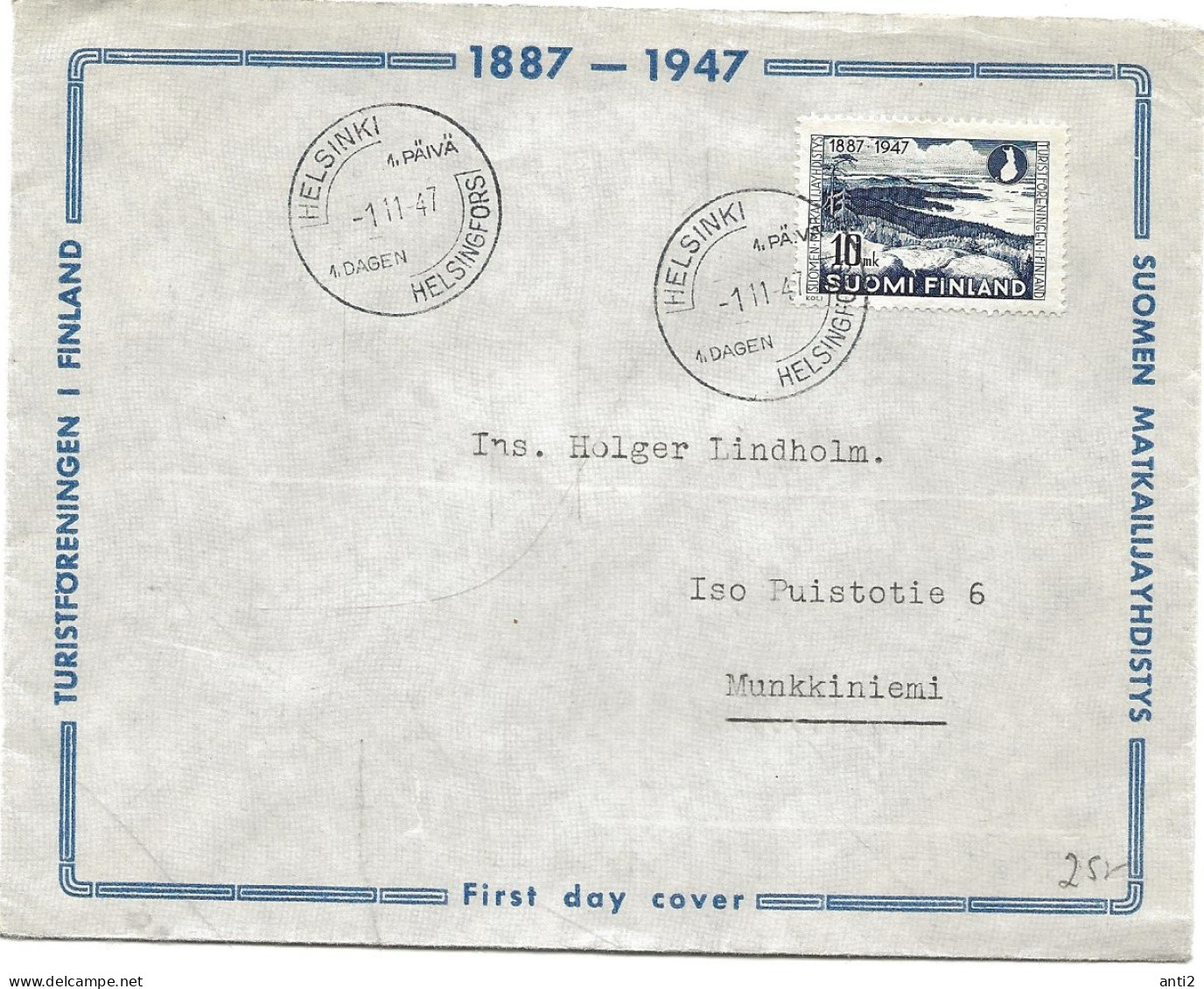 Finland   1947 60th Anniversary Of The Tourism Association, Koli Heights In Eastern Finland Mi 346 FDC - Cartas & Documentos