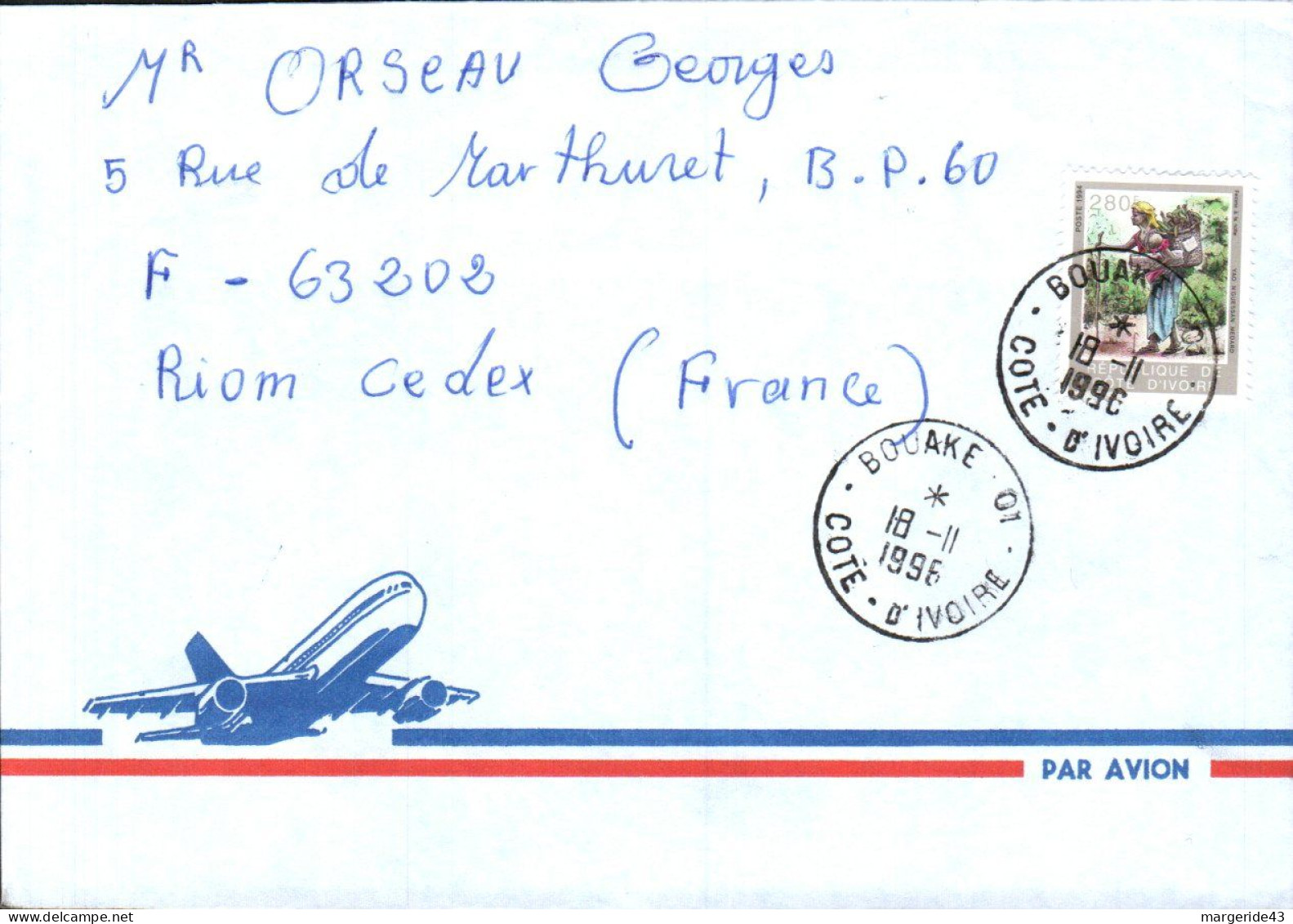 COTE D'IVOIRE SEUL SUR LETTRE AVION POUR LA FRANCE 1996 - Ivory Coast (1960-...)