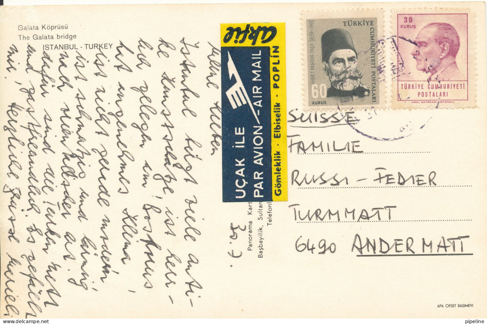 Turkey Postcard Sent To Switzerland The Galata Bridge - Turquie