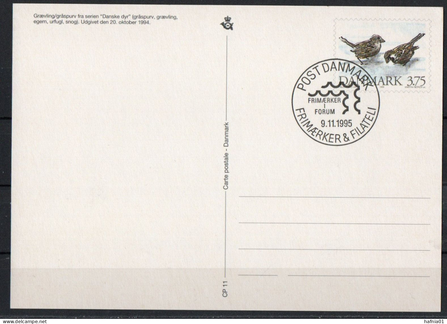 Martin Mörck. Denmark 1994. Native Animals. Michel 1086. Card. Special Cancel. - Andere & Zonder Classificatie