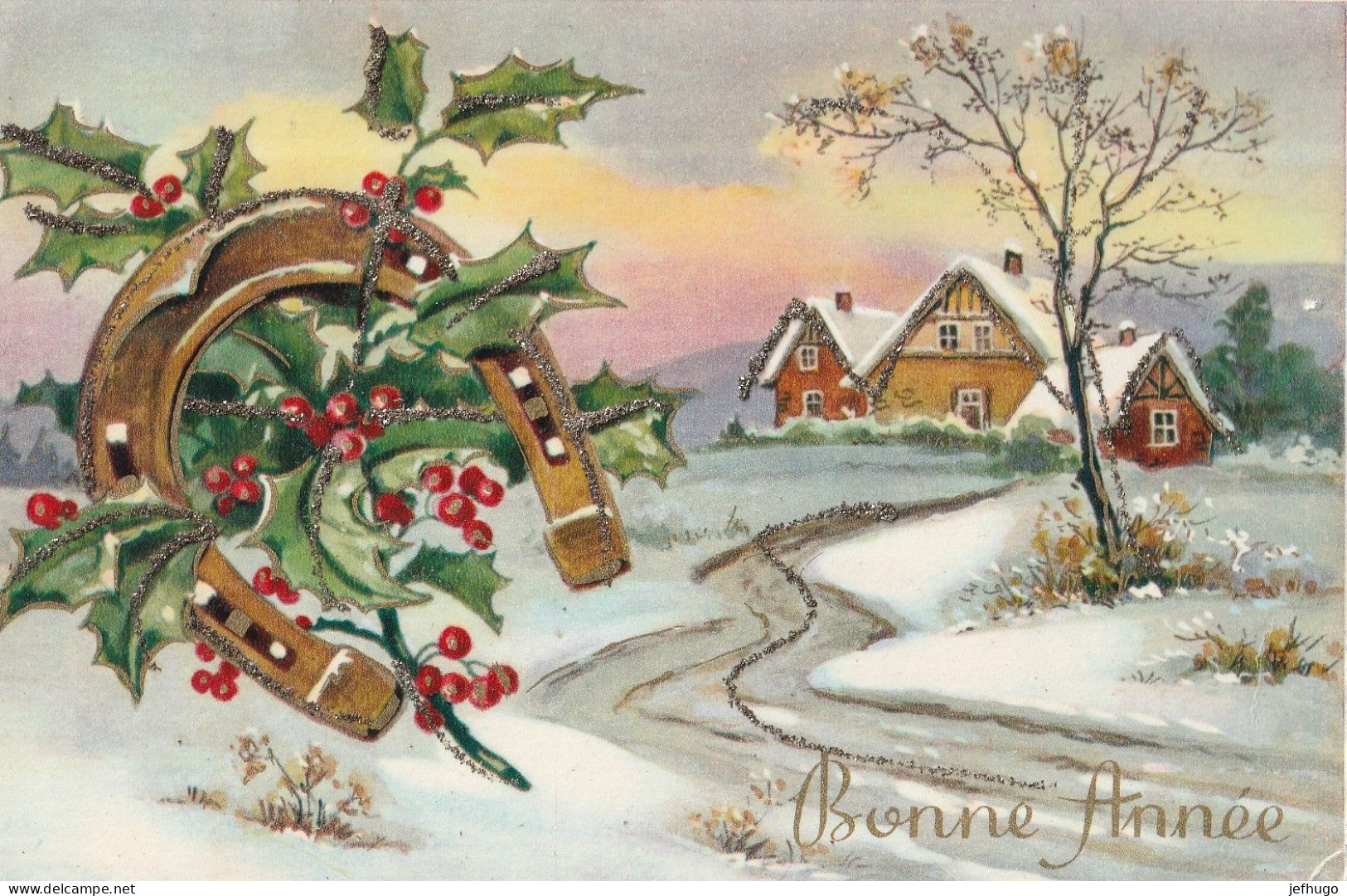 82 - CARTE BONNE ANNEE HOUE MAISONS ROUTE FER A CHEVAL PAILLETTES PAYSAGE ENNEIGE. SCAN RECTO VERSO - New Year