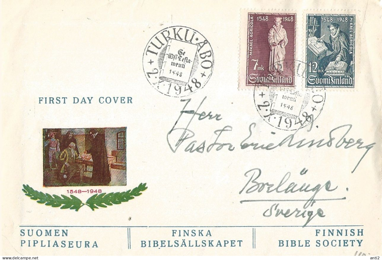 Finland   1948 400th Anniversary Publication Of The Translation Of The New Testament Mikael Agricola Mi 356-357 FDC - Lettres & Documents