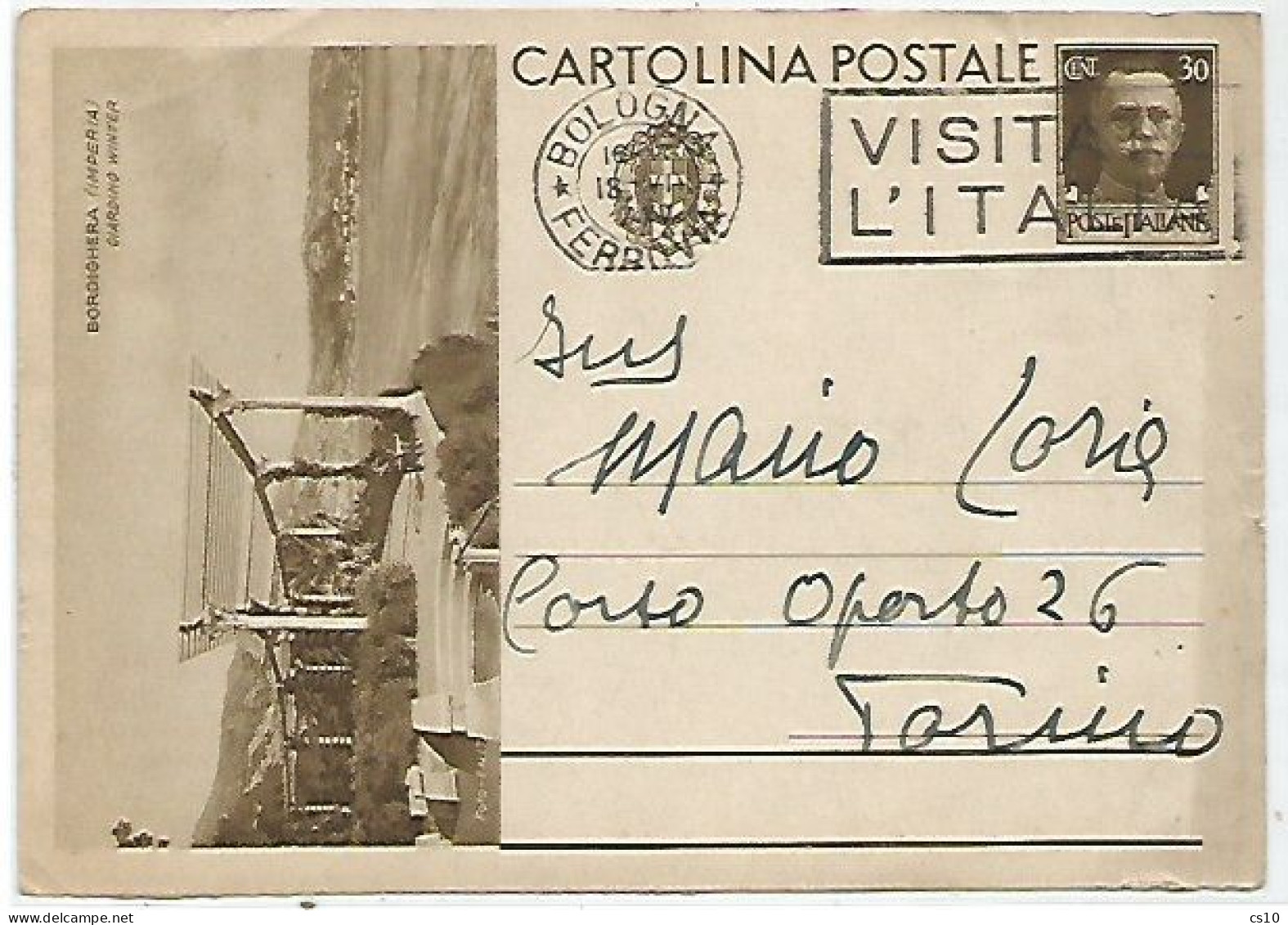 CP C.30 Turistica Bordighera #90/4 Usata Bologna 18lug1937 X Torino - Stamped Stationery