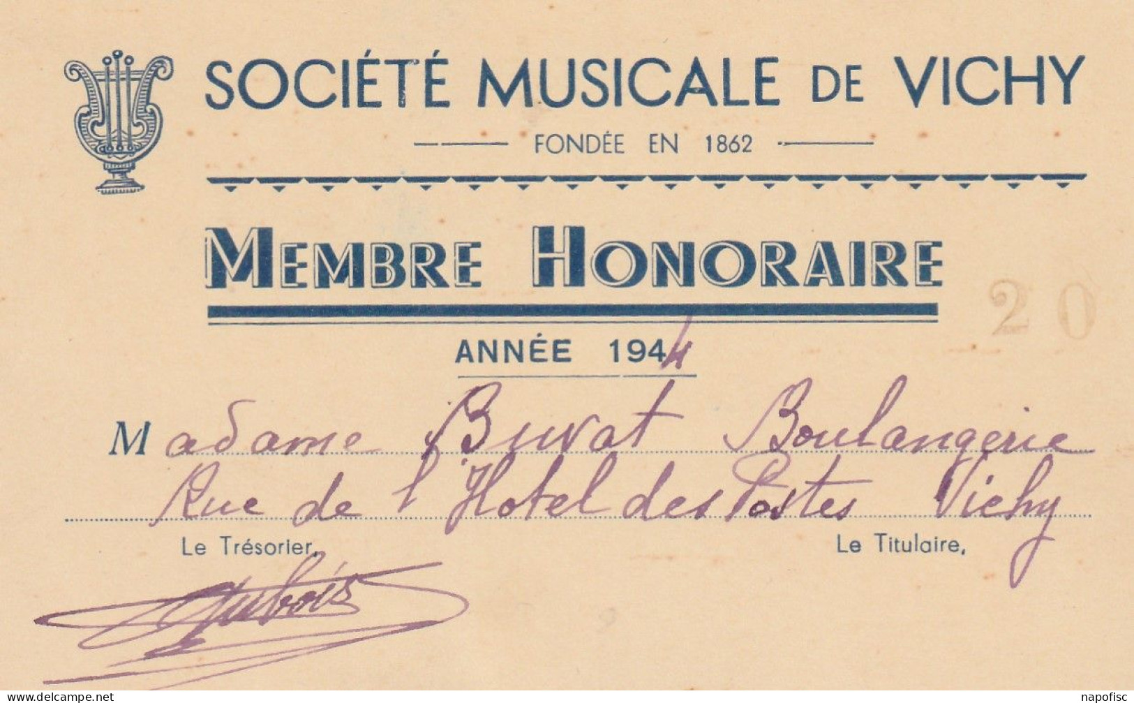 03-Société Musicale ..Mme Buvat..Vichy.(Allier)...1944 - Tarjetas De Membresía