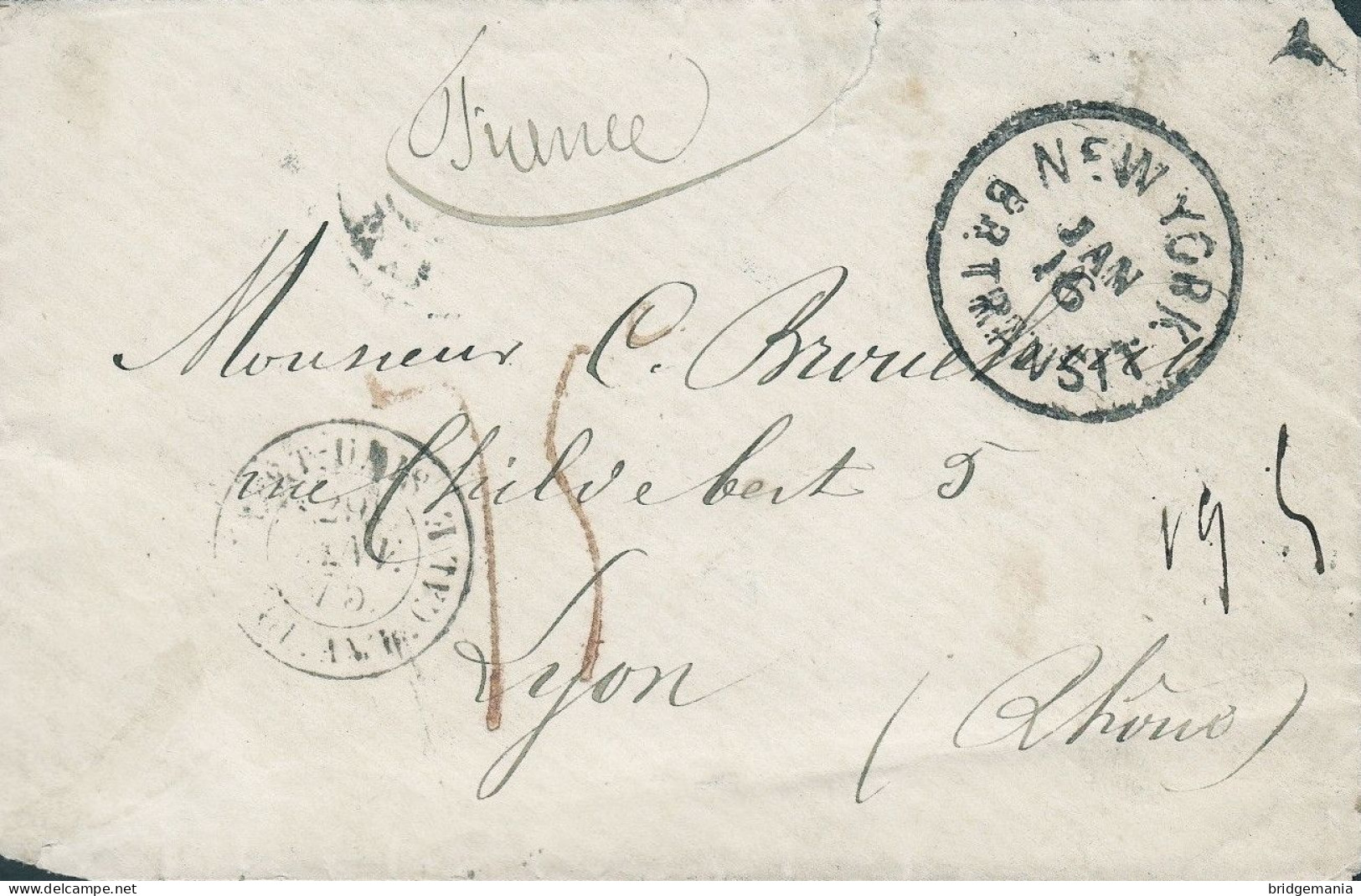 MTM115 - 1875 TRANSATLANTIC LETTER USA TO FRANCE Steamer HECLA - UNPAID - Poststempel