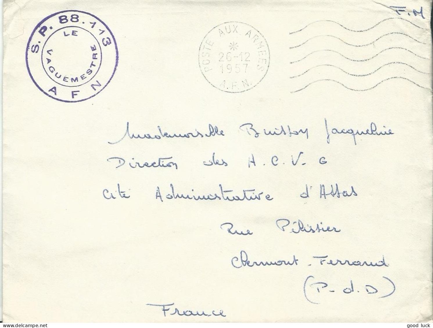 FRANCE LETTRE FM S.P.88.113 AFN Pour CLERMONT FERRAND ( PUY DE DOME ) DE 1957  LETTRE COVER - Guerre D'Algérie