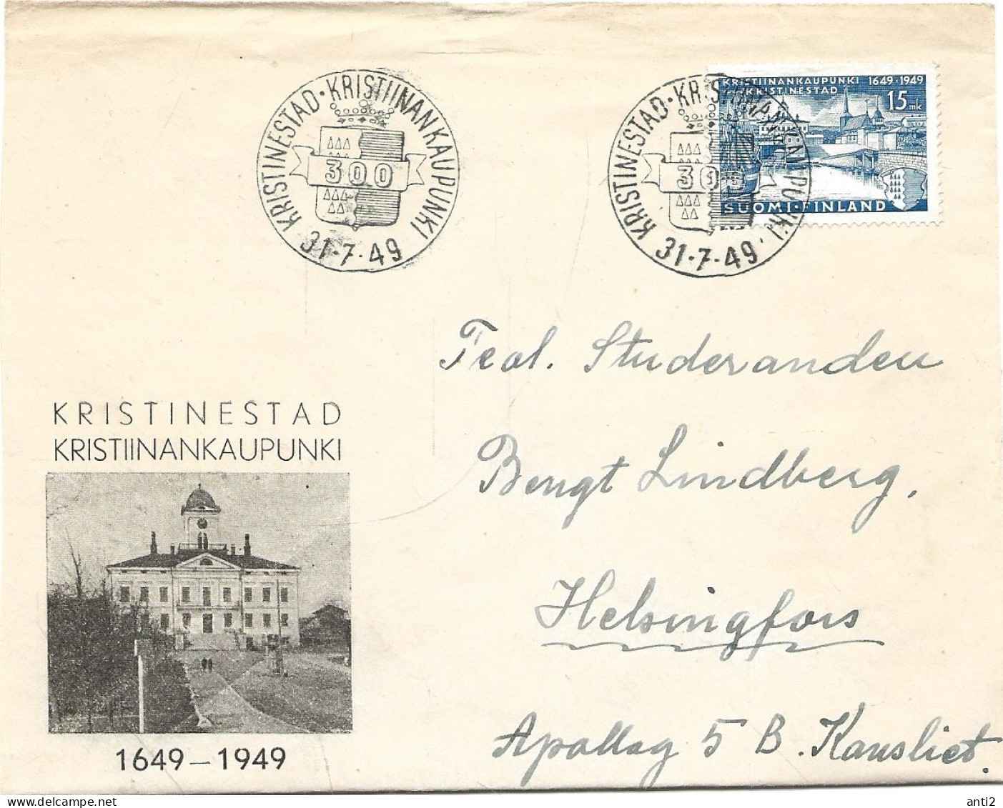 Finland   1949 300th Anniversary Of The City Of Kristiinankaupunki (Kristinestad). Mi 372 FDC?  31.7.49 - Briefe U. Dokumente