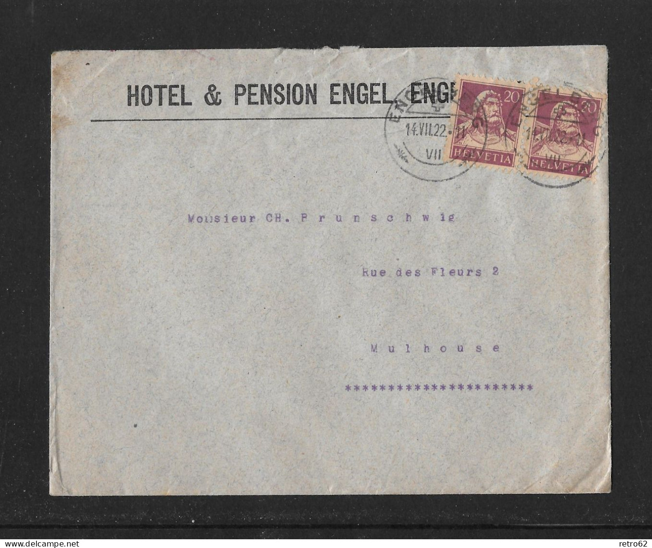 1922 HEIMAT OBWALDEN ► Hotel-Brief Mit Zudruck "Hotel & Pension Engel Engelberg" Nach Mulhouse - Lettres & Documents