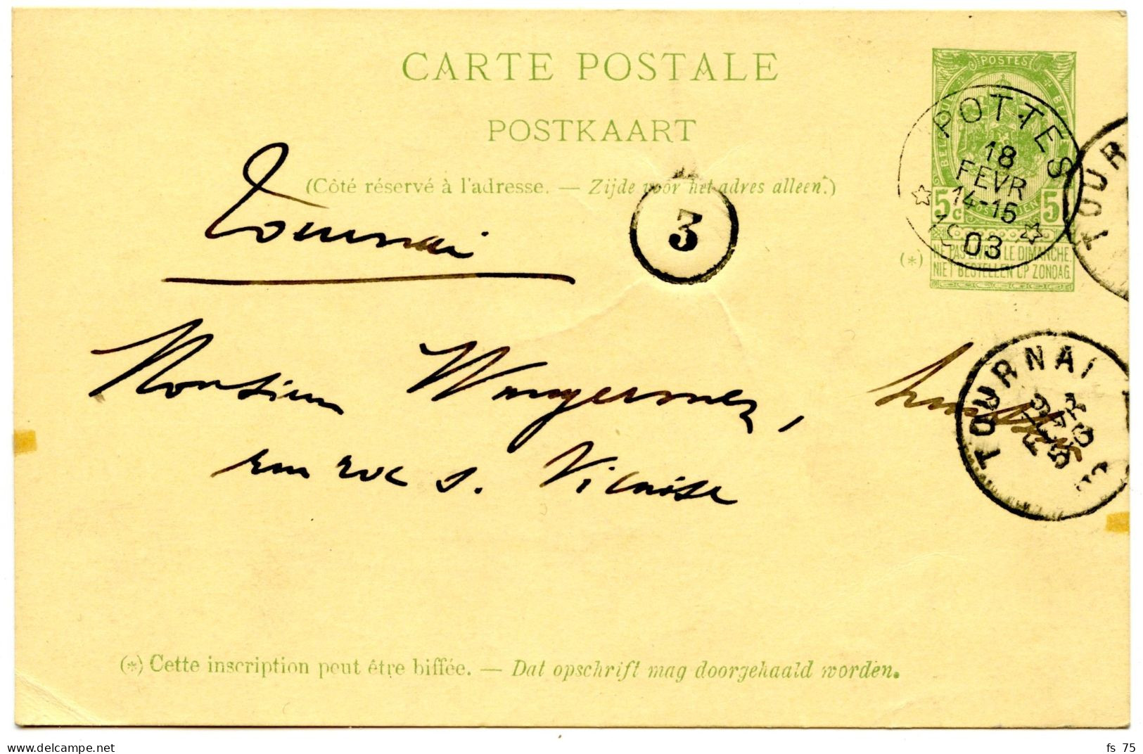 BELGIQUE - SIMPLE CERCLE RELAIS A ETOILES POTTES SUR ENTIER CARTE POSTALE 10C ARMOIRIES, 1903 - Postmarks With Stars