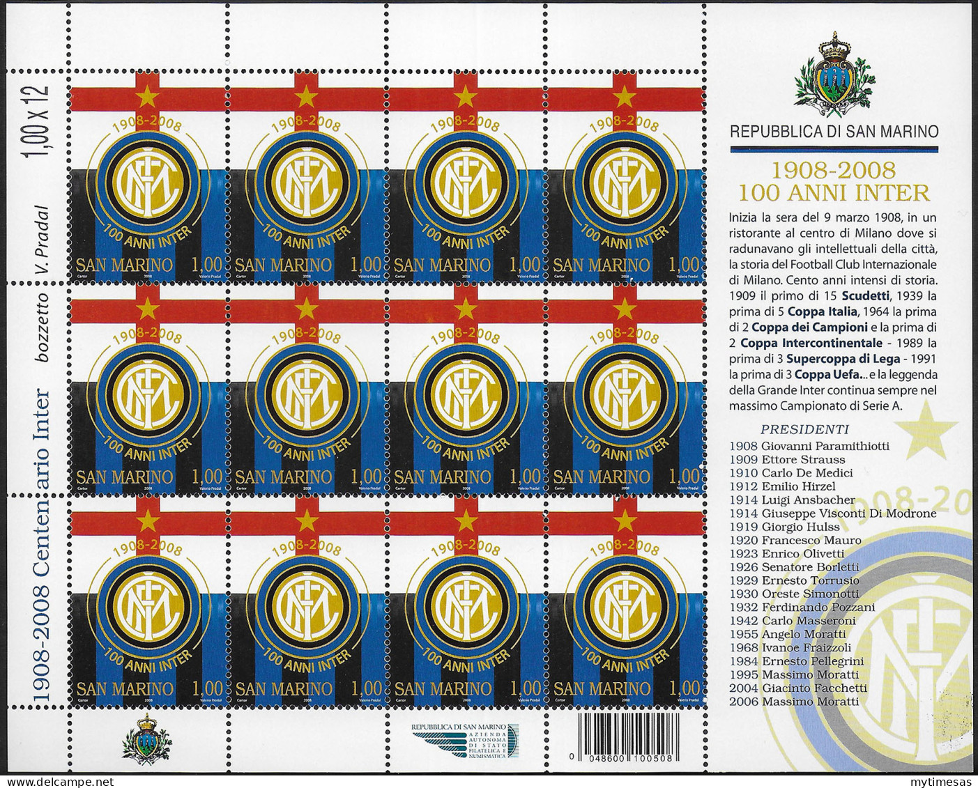2008 San Marino Inter Centenary MS MNH Unificato N. 2173 - Autres & Non Classés