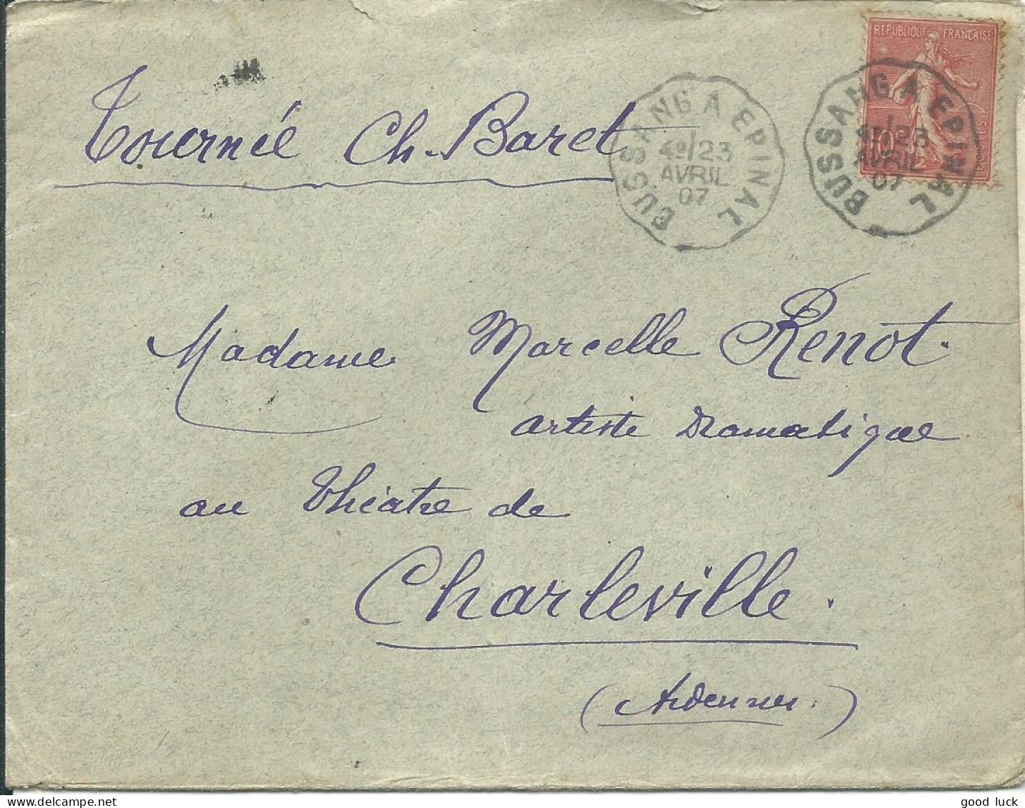 FRANCE LETTRE 10c CONVOYEUR BUSSANG A EPINAL POUR CHARLEVILLE ( ARDENNES ) DE 1907  LETTRE COVER - 1877-1920: Période Semi Moderne