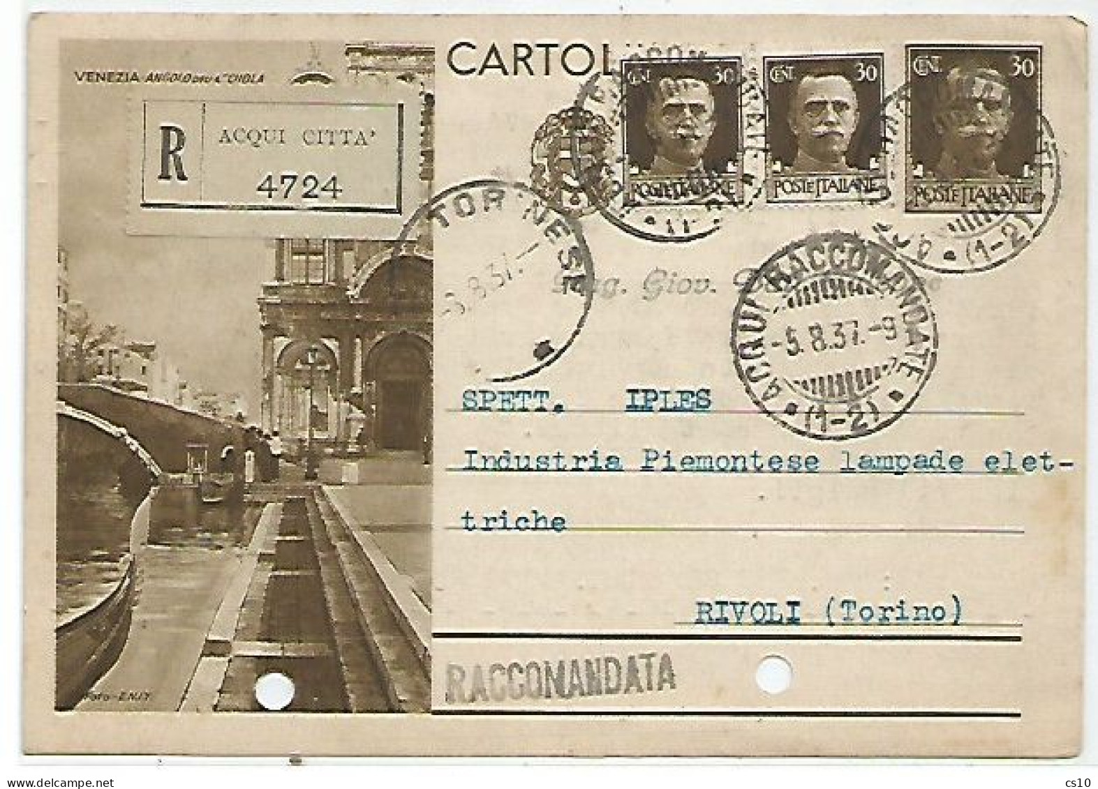 CP C.30 Turistica Venezia Angolo S.Marco #90/24 Raccomandata Acqui Terme 5ago1937 X Torino - Entero Postal