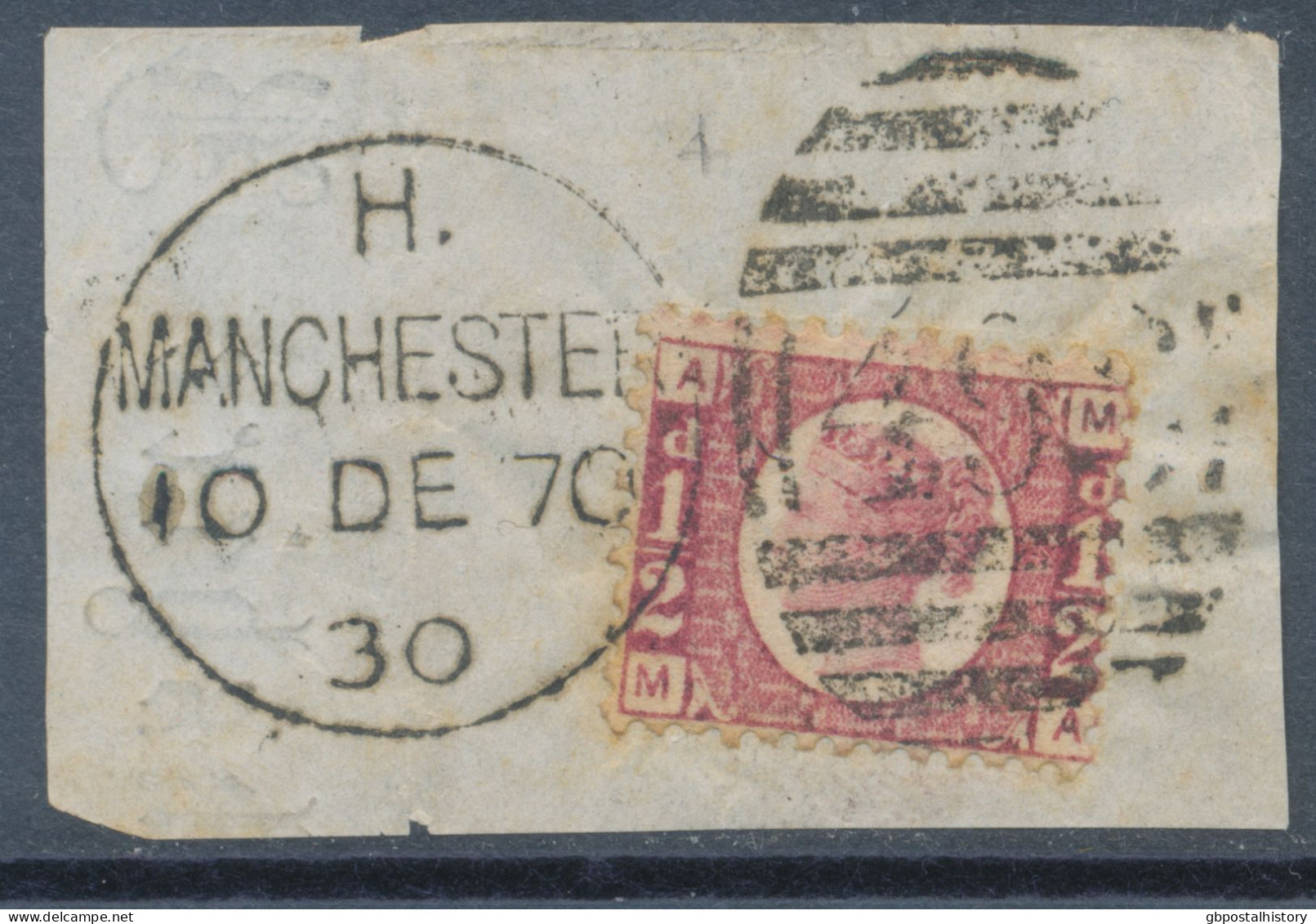 GB QV ½d Plate 4 (MA) Superb Used On Piece With Duplex „MANCHESTER / 498“, Lancashire (4VODA(3), Time Code „H.“), 10.12. - Usati