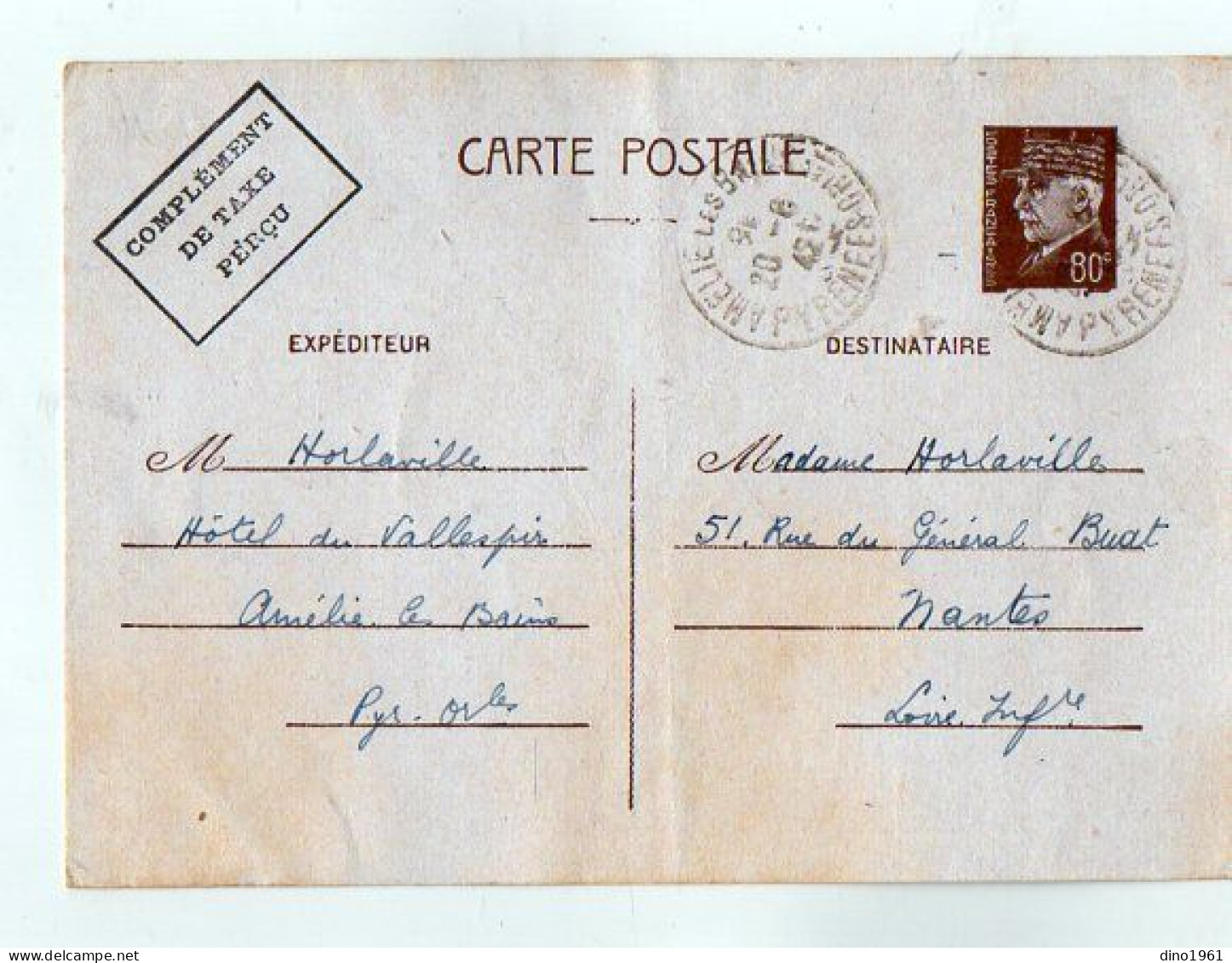 TB 4711 - 1942 - Entier Postal - M. HORLAVILLE, Hôtel Du Vallespir à AMELIE - LES - BAINS Pour  Mme HORLAVILLE à NANTES - Cartes Postales Types Et TSC (avant 1995)