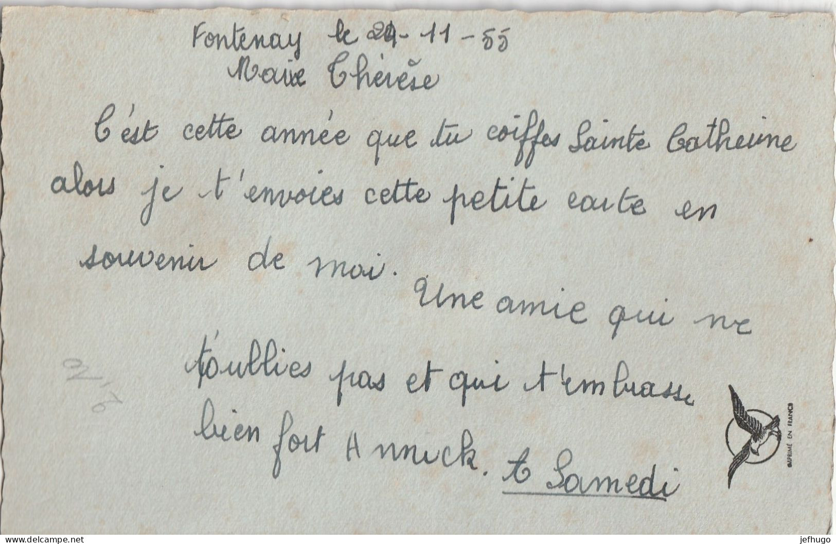 82 - CARTE BONNET SAINT CATHERINE PEINT A LA MAIN AVEC BRODERIE . SCAN RECTO VERSO - Saint-Catherine's Day