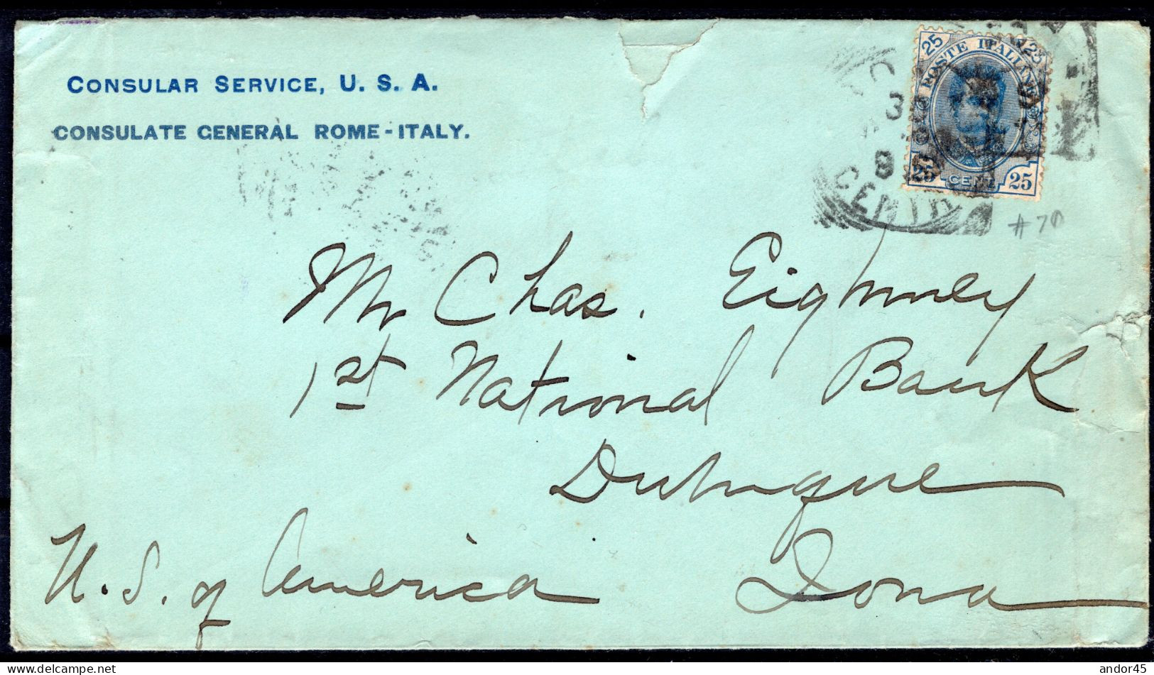 1895 30 DIC C.25  SASS.62 "EFFIGIE DI UMBERTO I,STEMMA"USATO SU BUSTA   DA  ROMA X U.S.A MOLTO BELLA  CV 60+++ - Poststempel