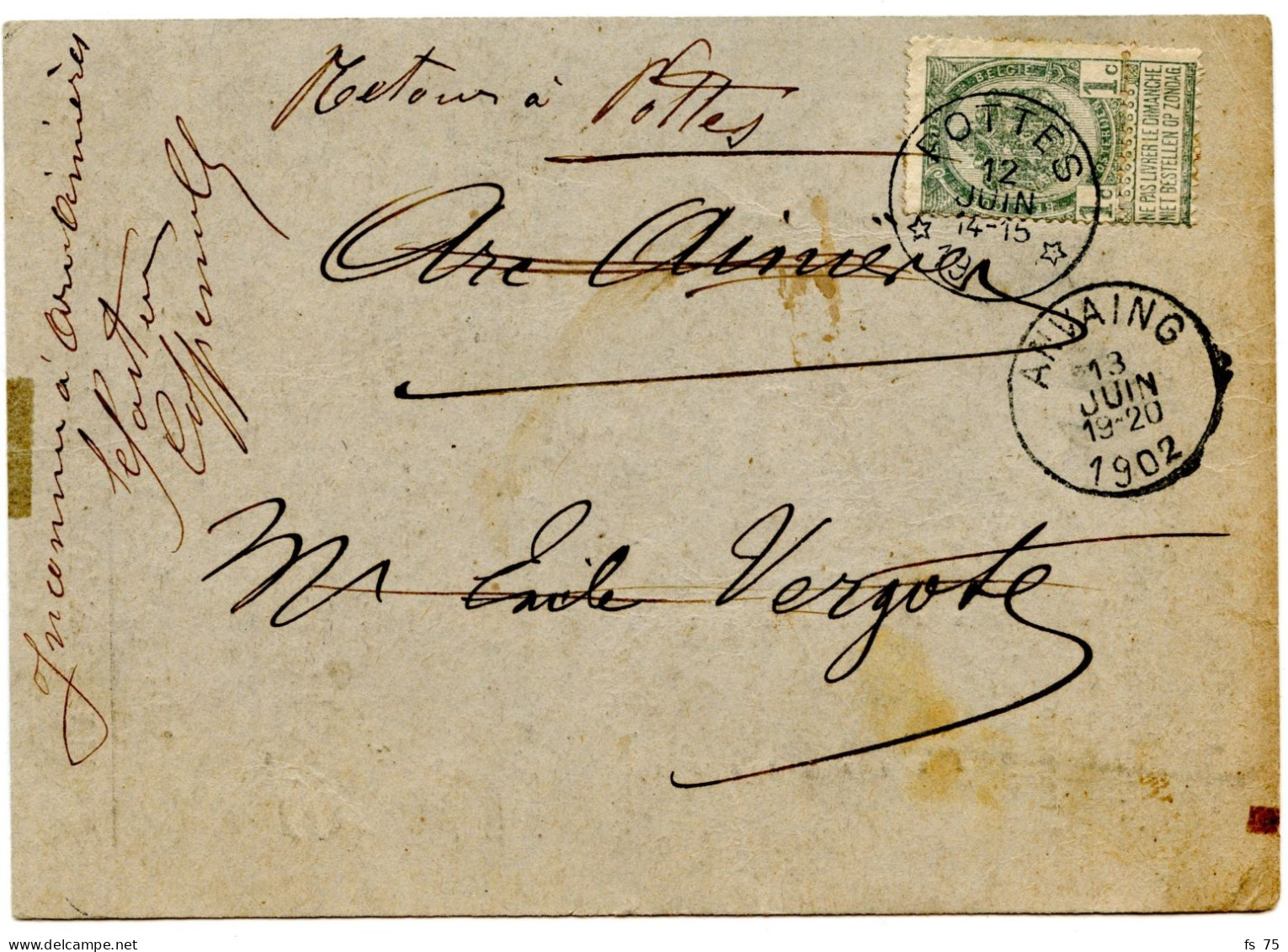 BELGIQUE - COB 53 SIMPLE CERCLE RELAIS A ETOILES POTTES SUR CARTE COMMERCIALE, 1902 - Postmarks With Stars